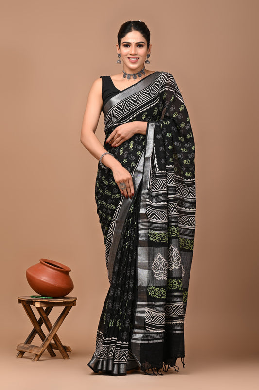 black-handblock-print-cotton-linen-saree-zb132613_1_SareeButa.com
