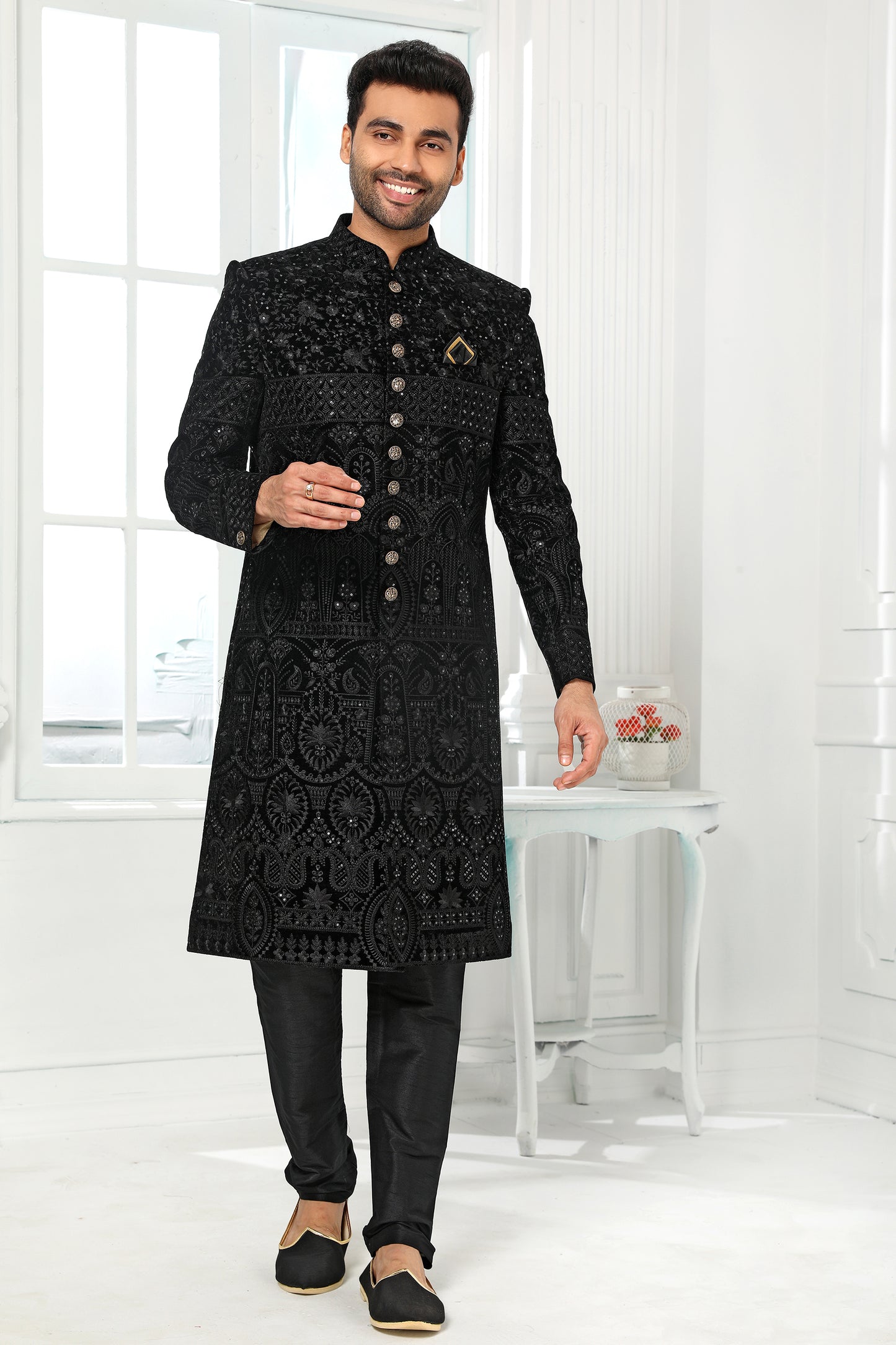 Black Jacquard Silk Kurta Pajama-SAR11449_1_SareeButa.com