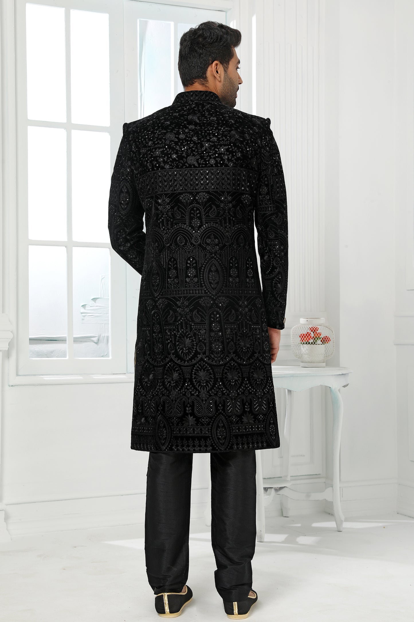 Black Jacquard Silk Kurta Pajama-SAR11449_2_SareeButa.com