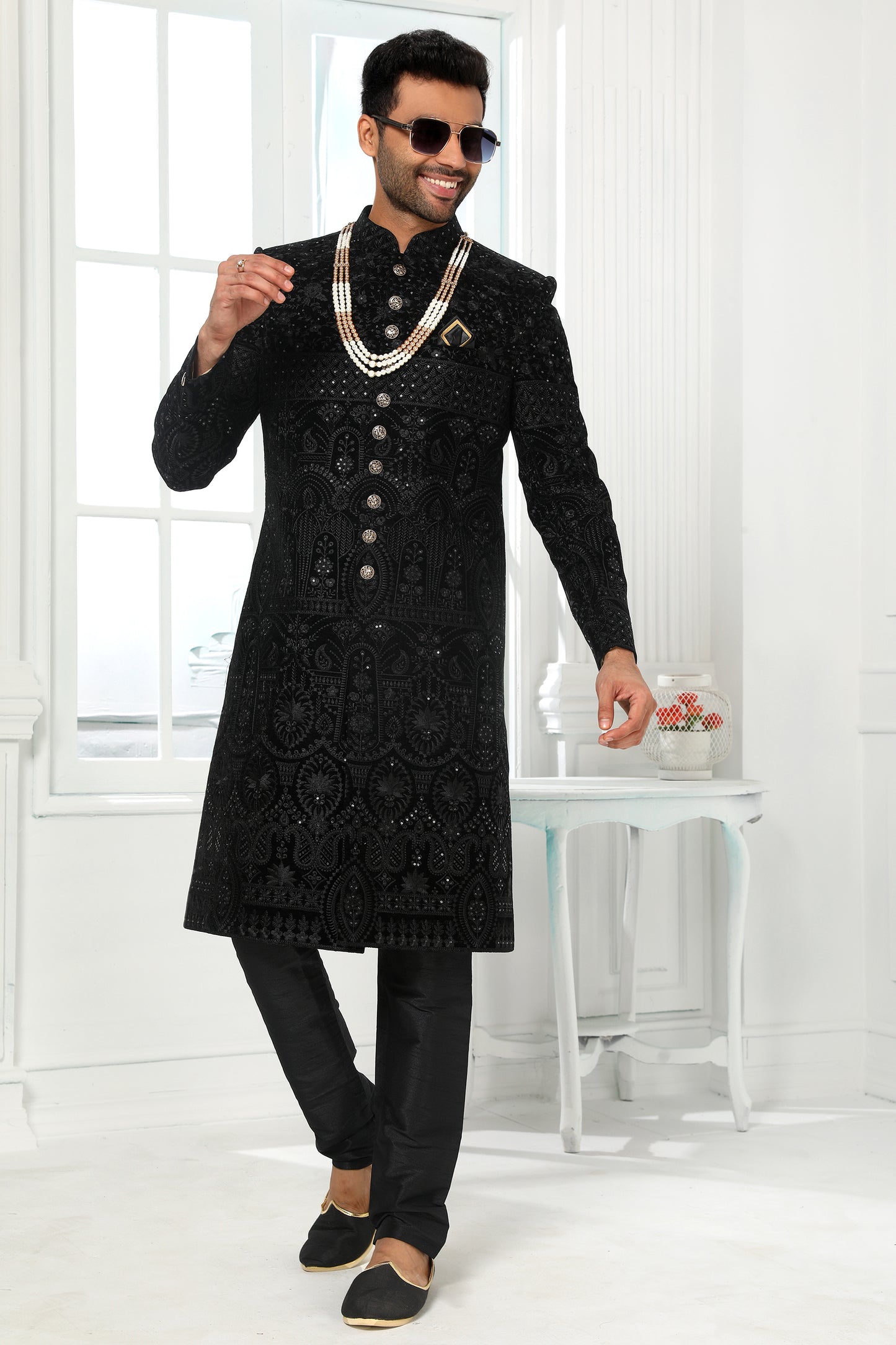 Black Jacquard Silk Kurta Pajama-SAR11449_3_SareeButa.com