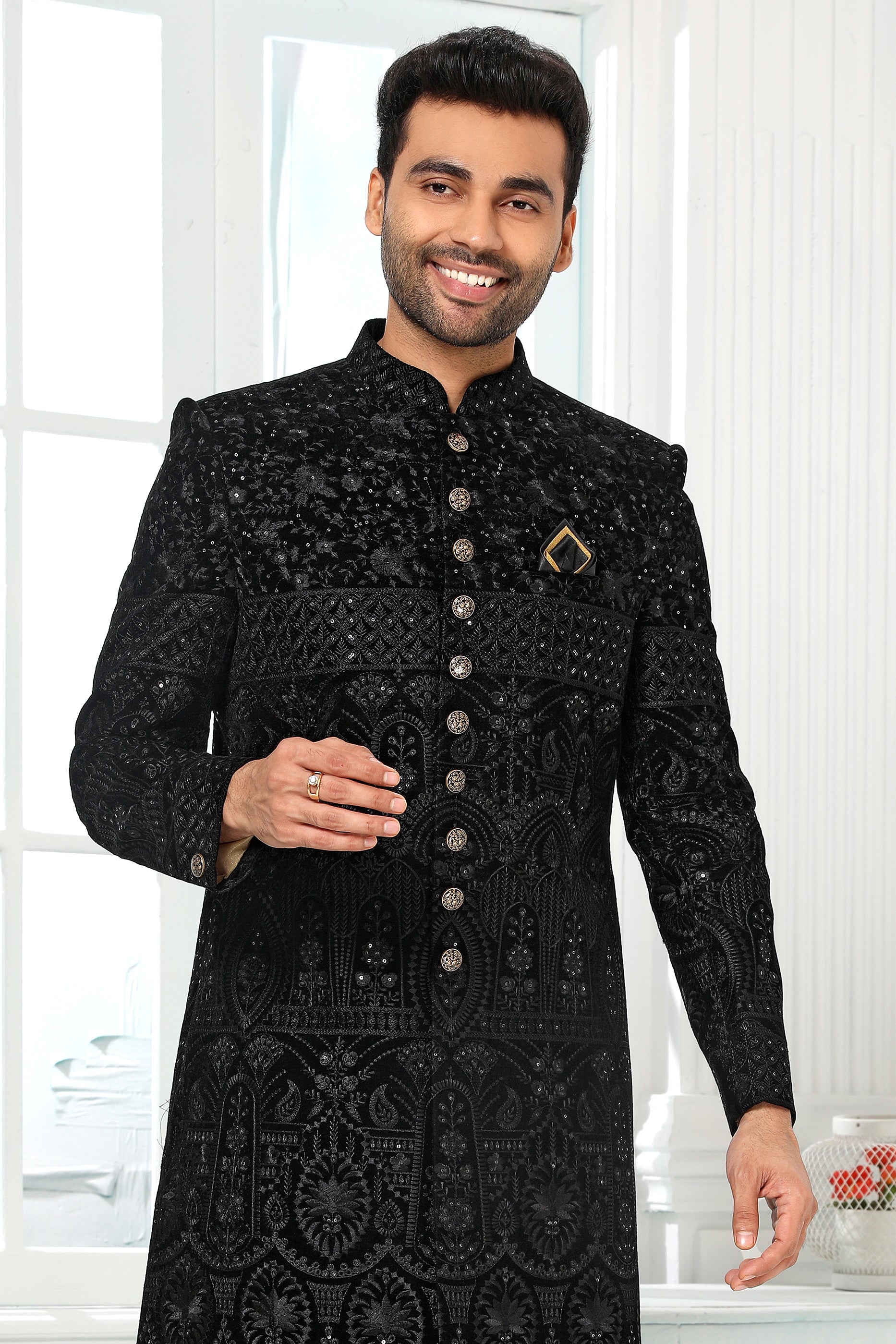 Black Jacquard Silk Kurta Pajama-SAR11449_4_SareeButa.com