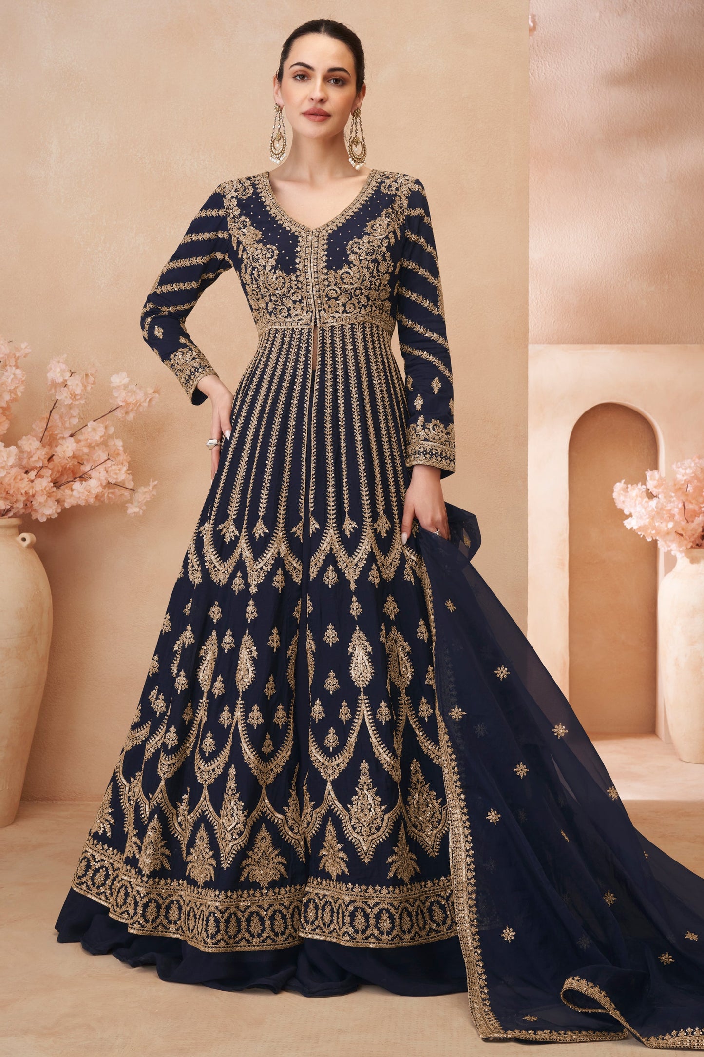 Dark Navy Readymade Heavy Work Chinon Skirt Suit-SS621_1_SareeButa.com