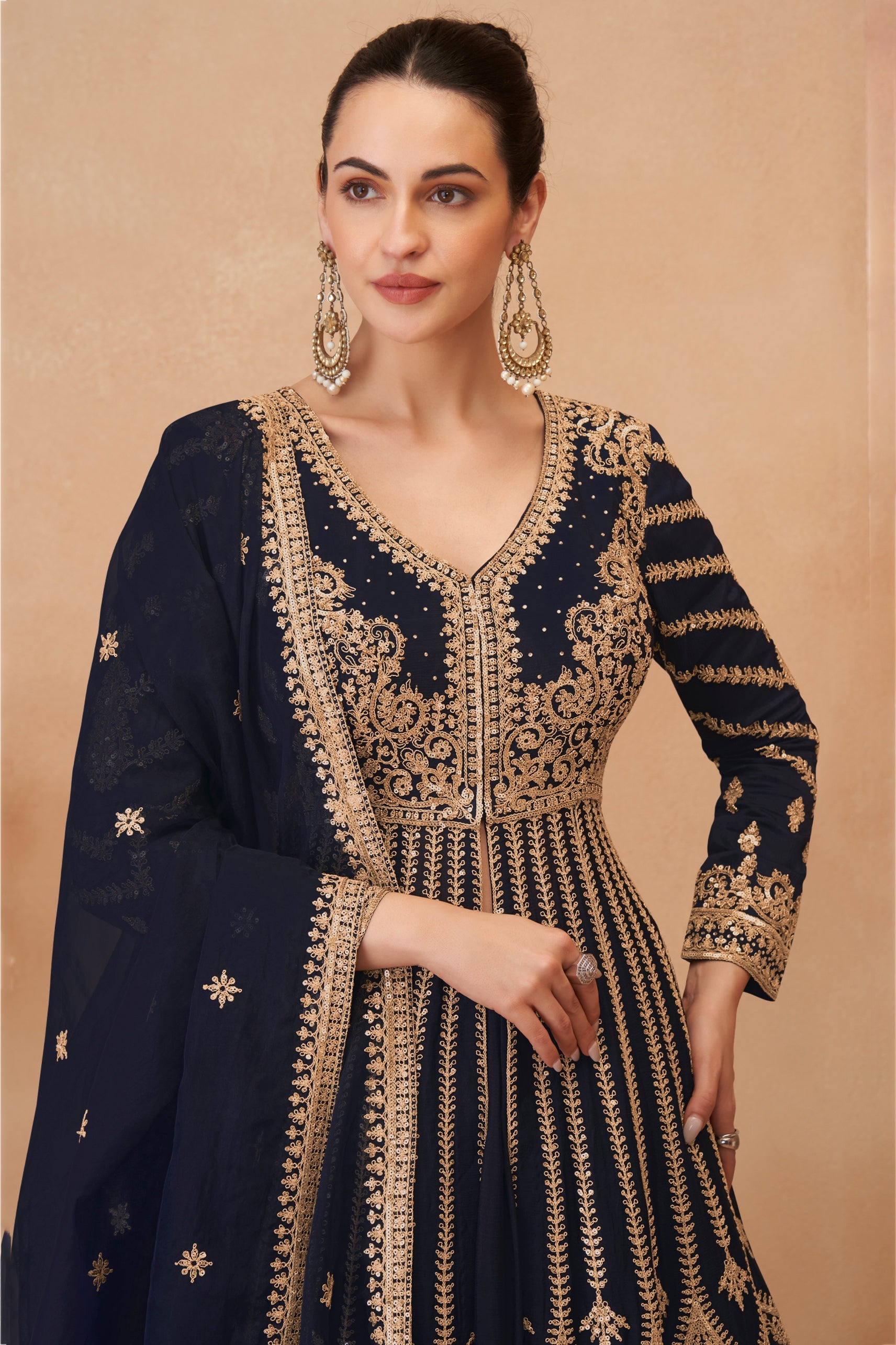 Dark Navy Readymade Heavy Work Chinon Skirt Suit-SS621_2_SareeButa.com