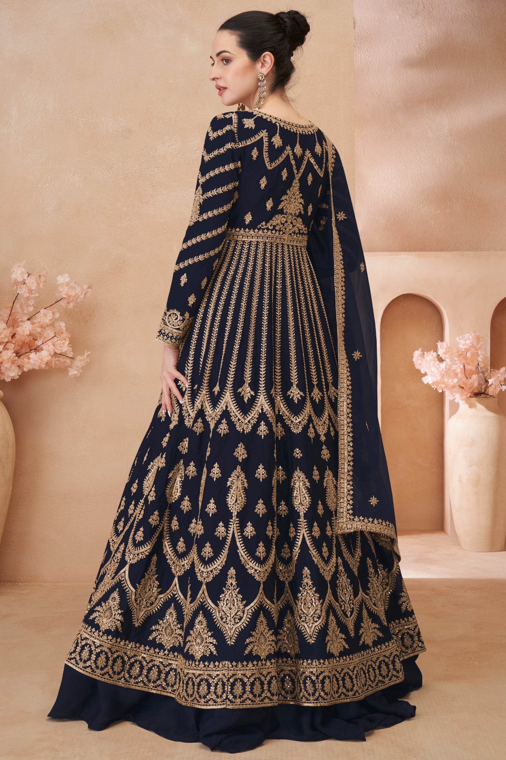 Dark Navy Readymade Heavy Work Chinon Skirt Suit-SS621_3_SareeButa.com