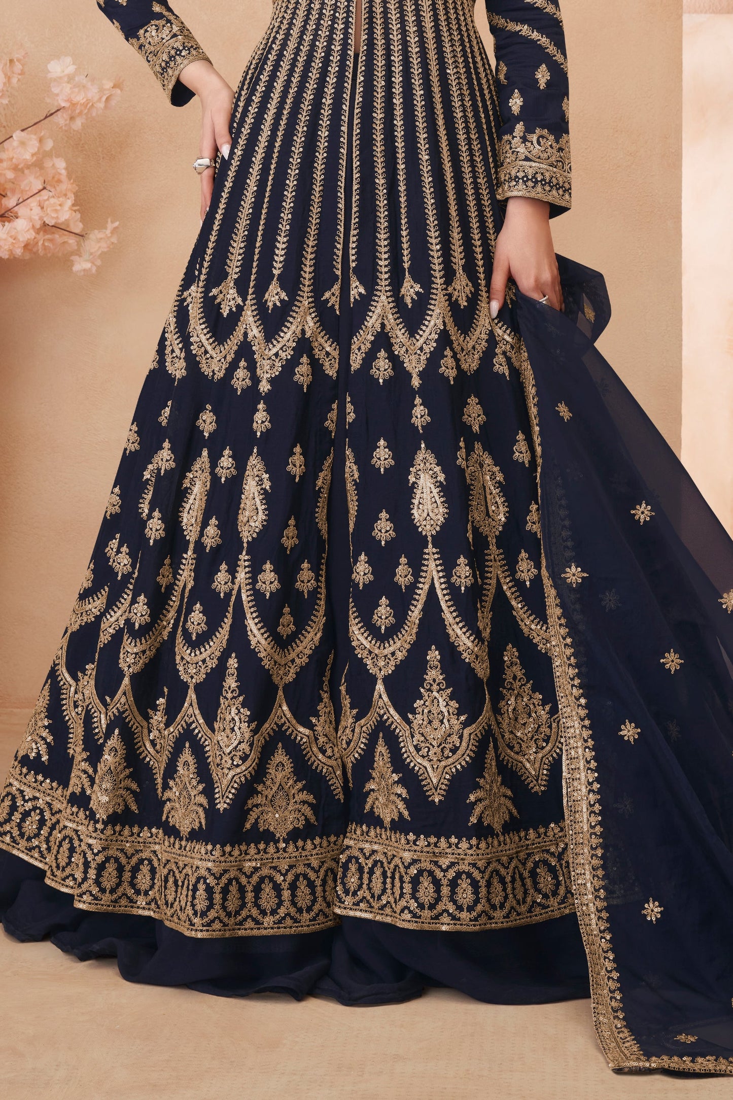 Dark Navy Readymade Heavy Work Chinon Skirt Suit-SS621_4_SareeButa.com