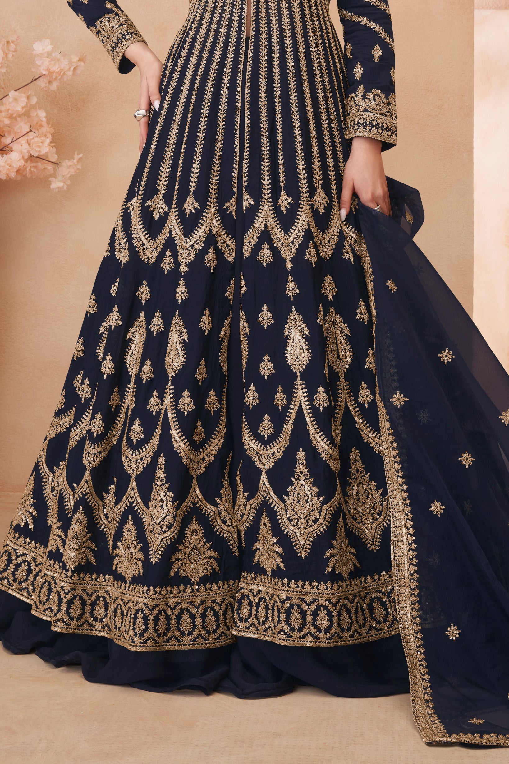 Dark Navy Readymade Heavy Work Chinon Skirt Suit-SS621_4_SareeButa.com