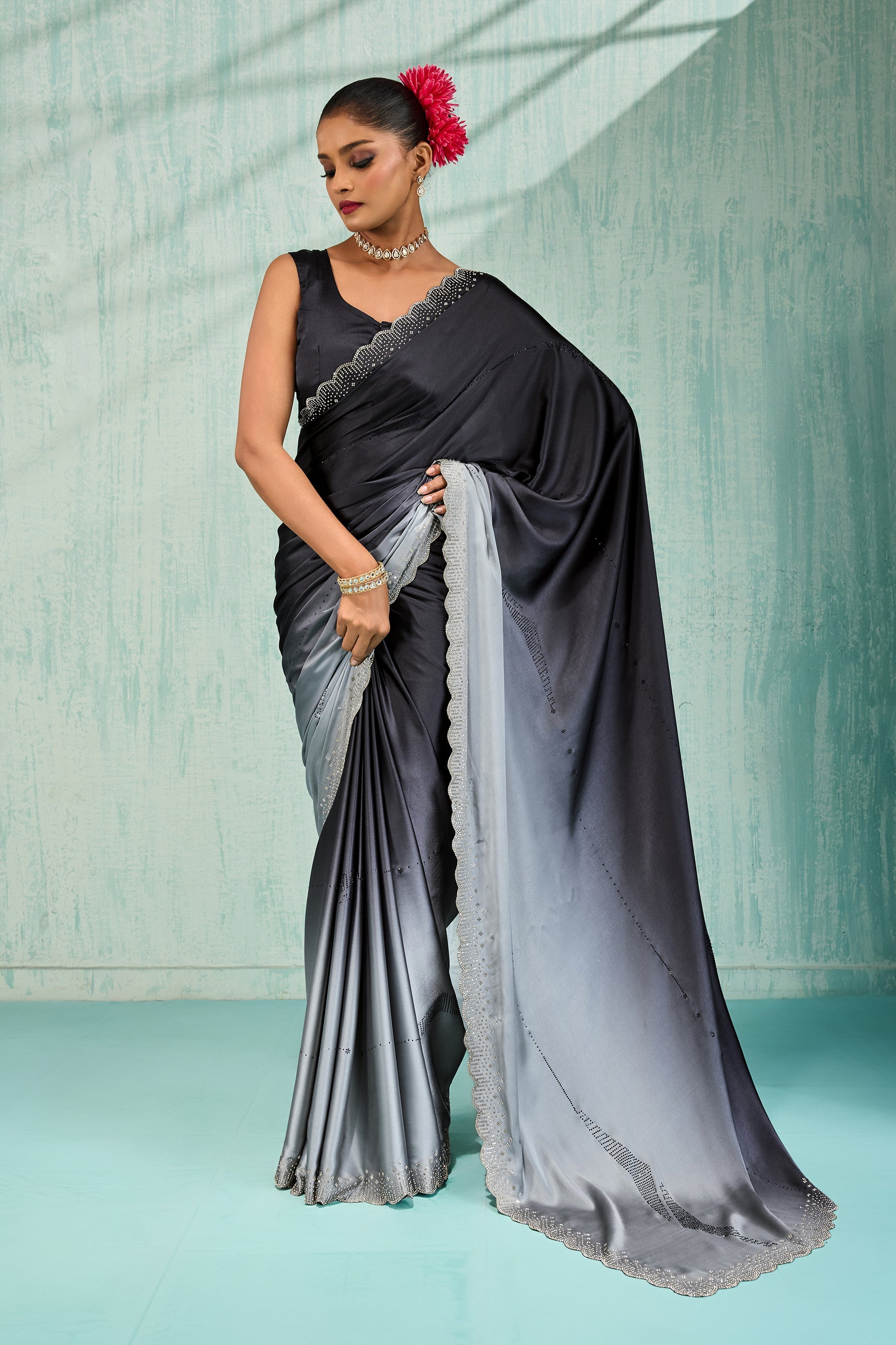 Black Ombre Stone Work Satin Silk Saree-SAR10425_1_SareeButa.com