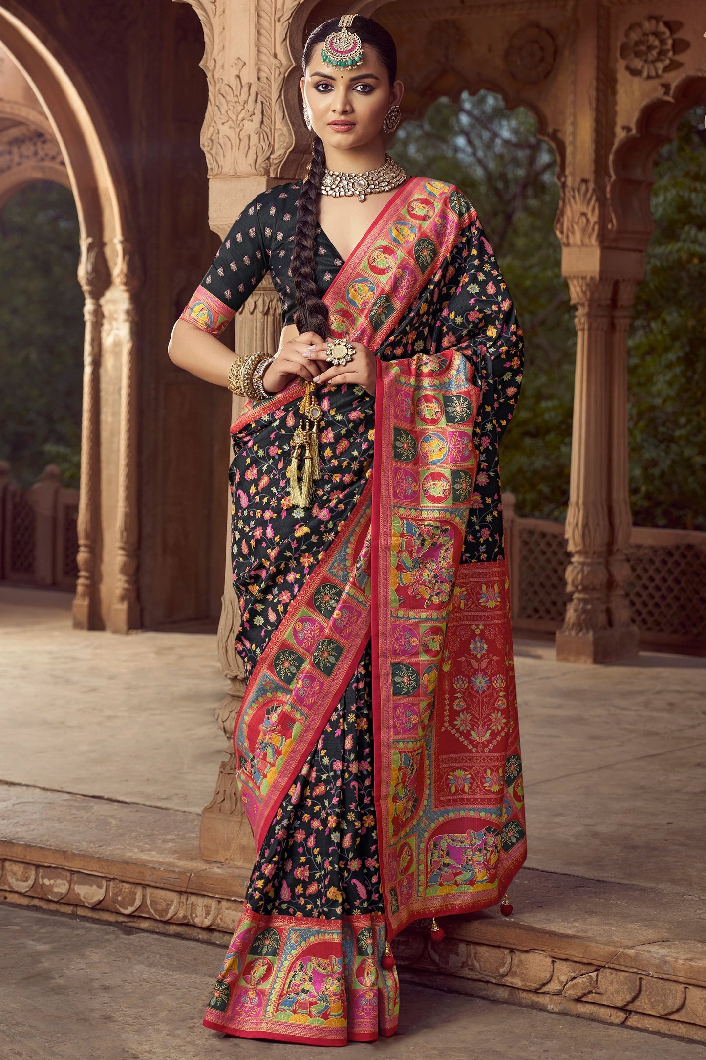 Black Pashmina Printed Viscose Silk Saree-SAR10404_1_SareeButa.com