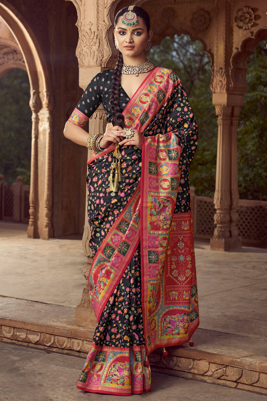Black Pashmina Printed Viscose Silk Saree-SAR10404_1_SareeButa.com