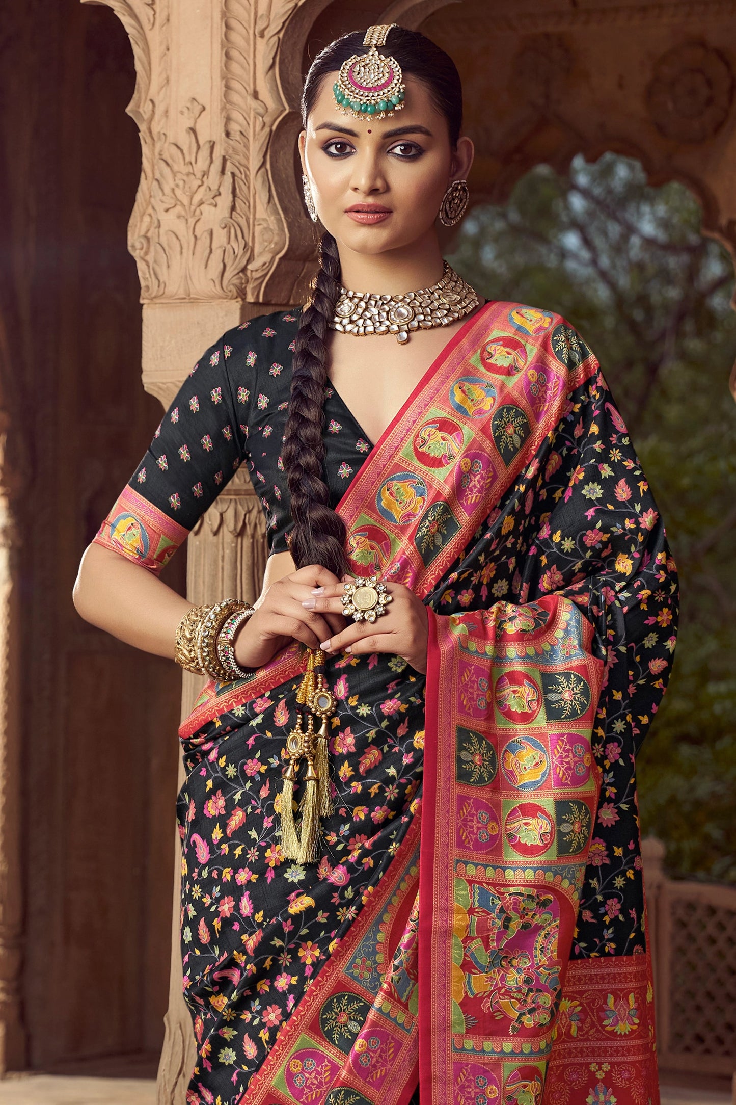Black Pashmina Printed Viscose Silk Saree-SAR10404_3_SareeButa.com