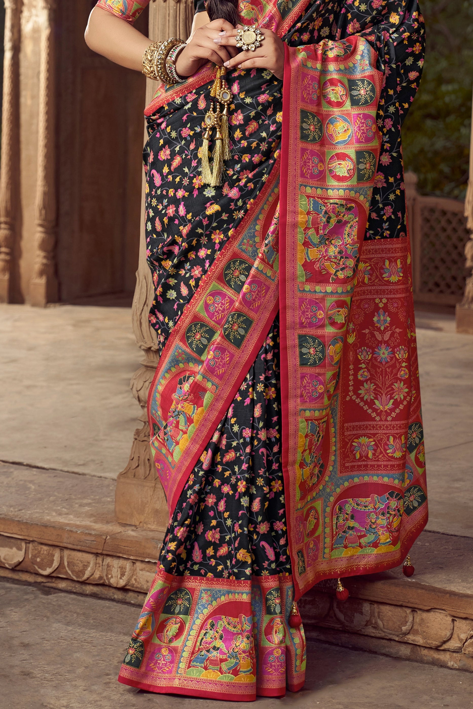 Black Pashmina Printed Viscose Silk Saree-SAR10404_4_SareeButa.com