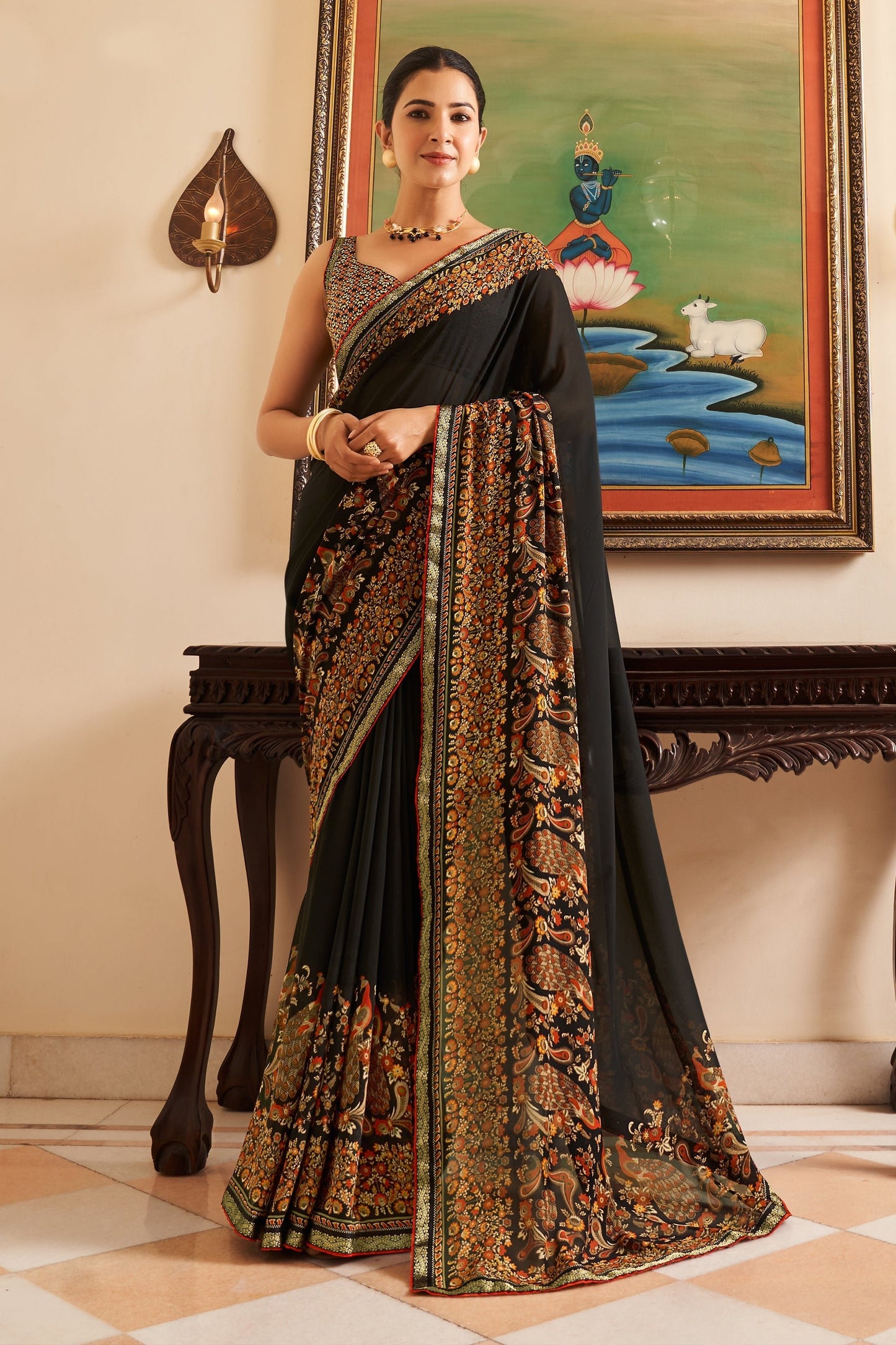 Black Printed Georgette Saree-SAR10137_1_SareeButa.com