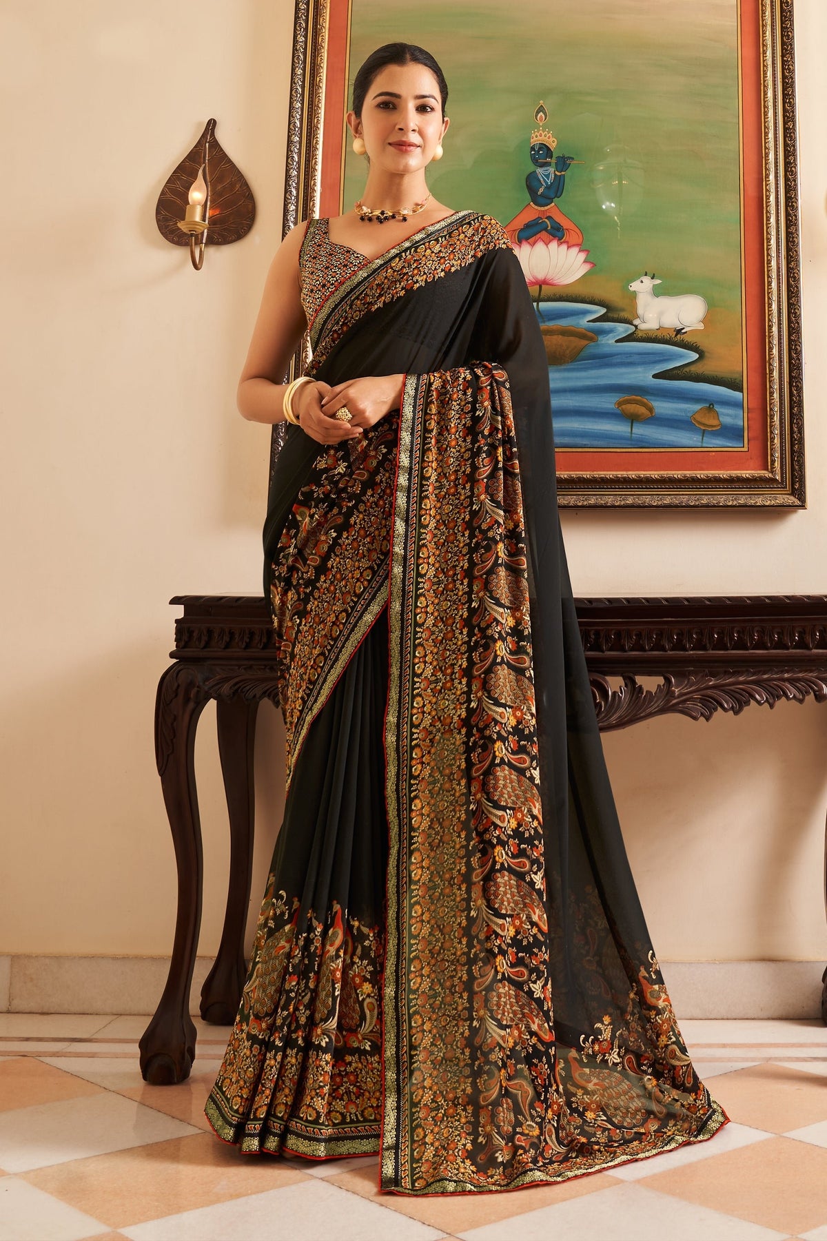 Black Printed Georgette Saree-SAR10137_1_SareeButa.com