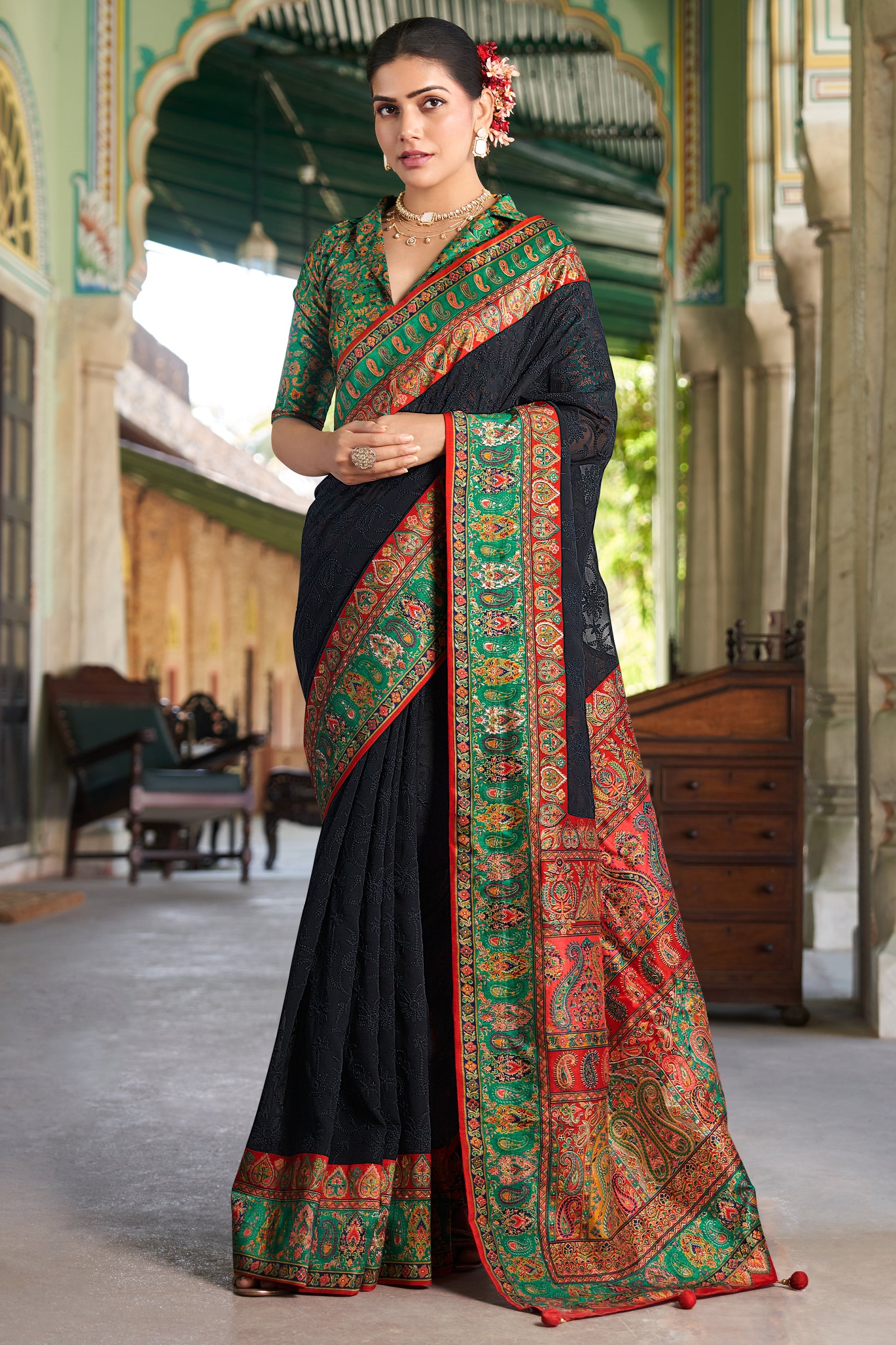 Black Printed Georgette Saree-SAR10207_1_SareeButa.com