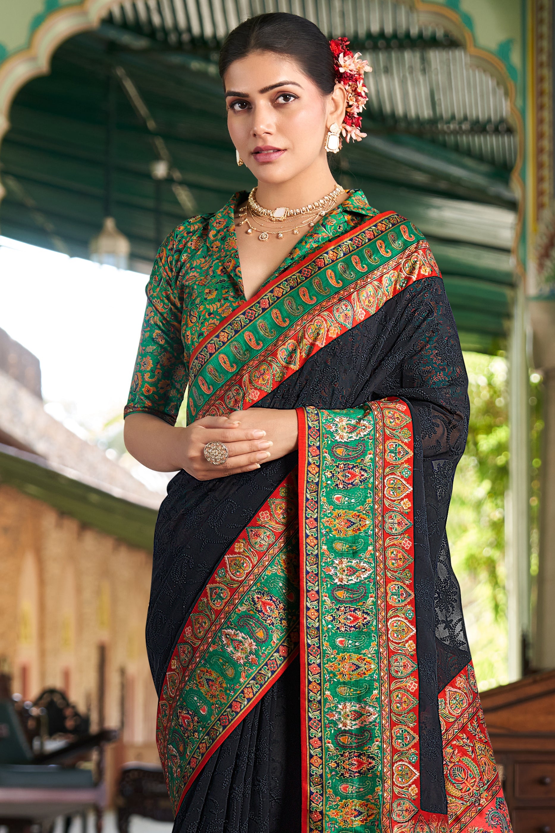 Black Printed Georgette Saree-SAR10207_3_SareeButa.com