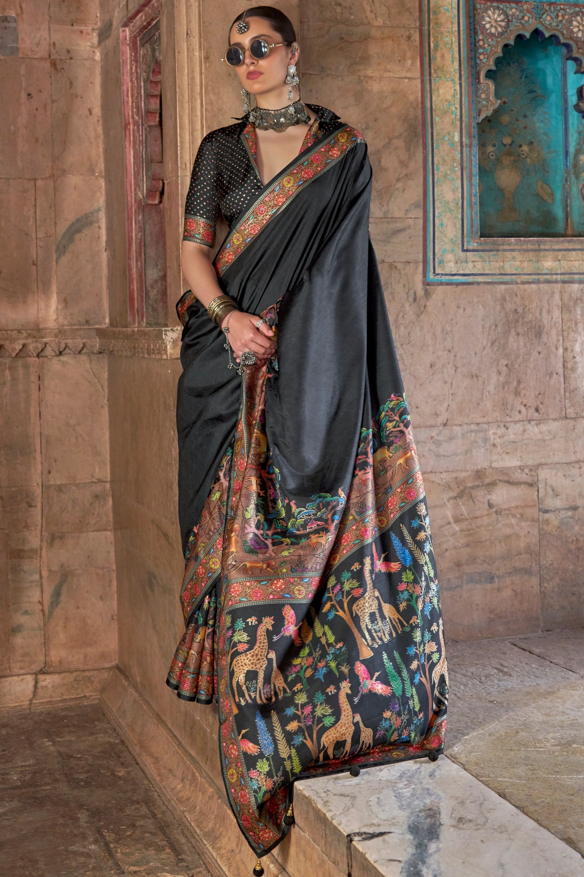 Black Printed Viscose Silk Saree-SAR10412_1_SareeButa.com