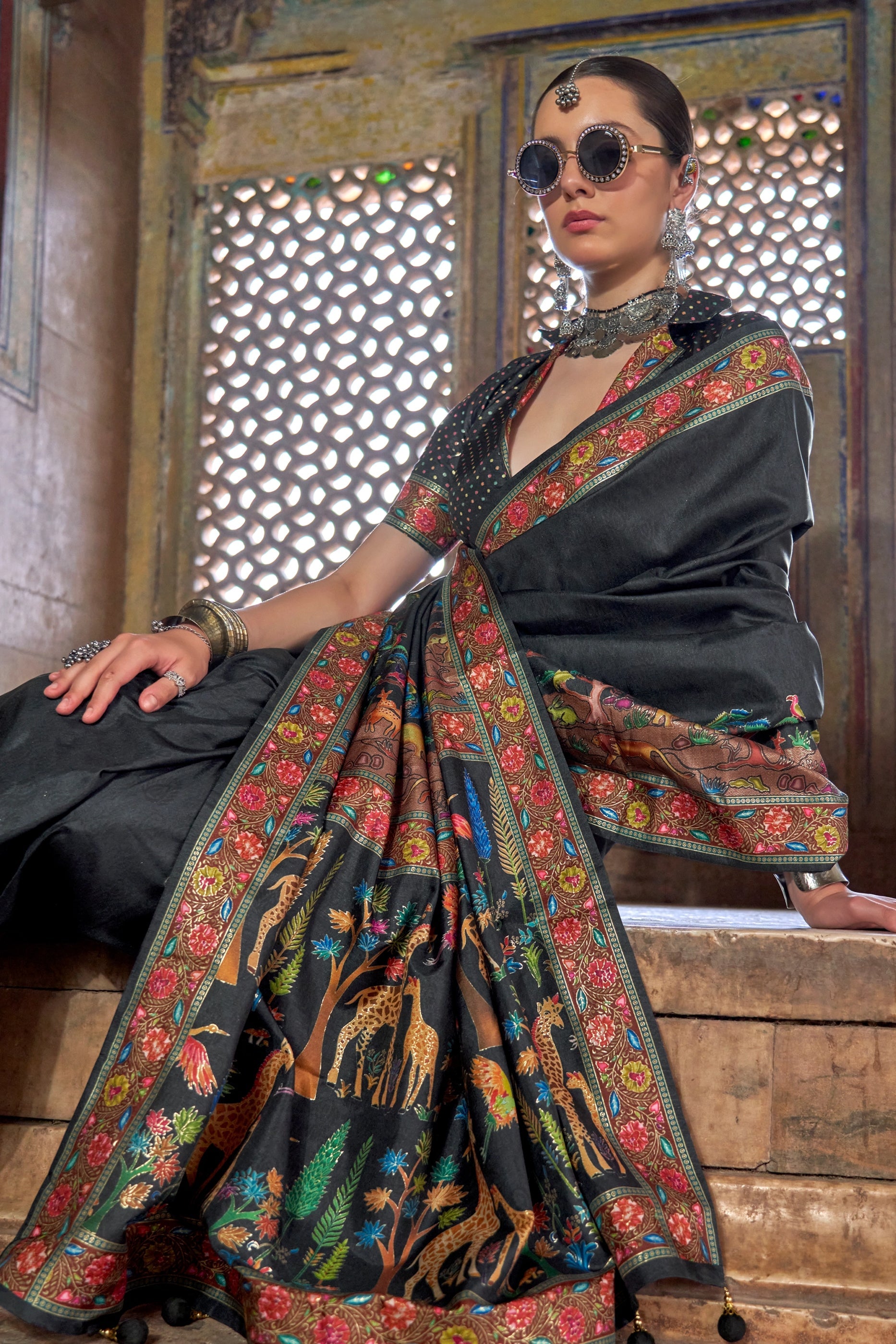 Black Printed Viscose Silk Saree-SAR10412_2_SareeButa.com