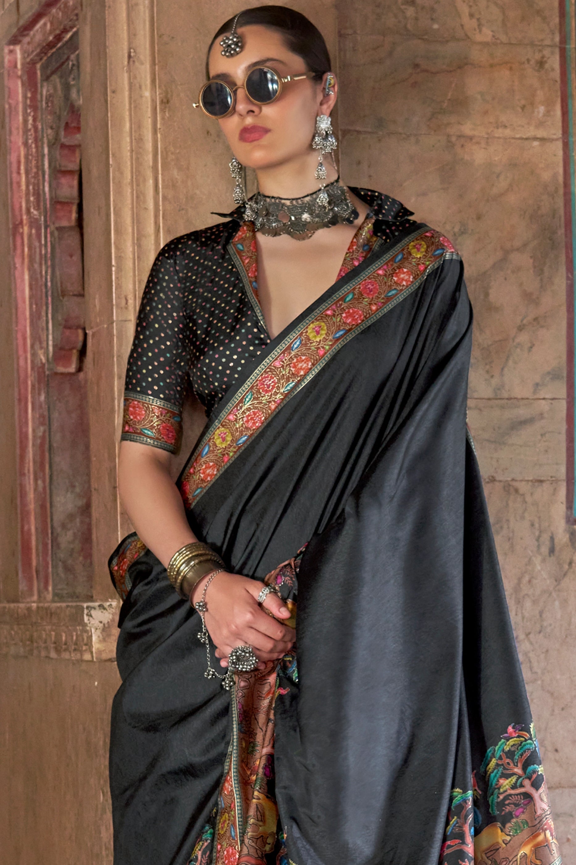 Black Printed Viscose Silk Saree-SAR10412_3_SareeButa.com