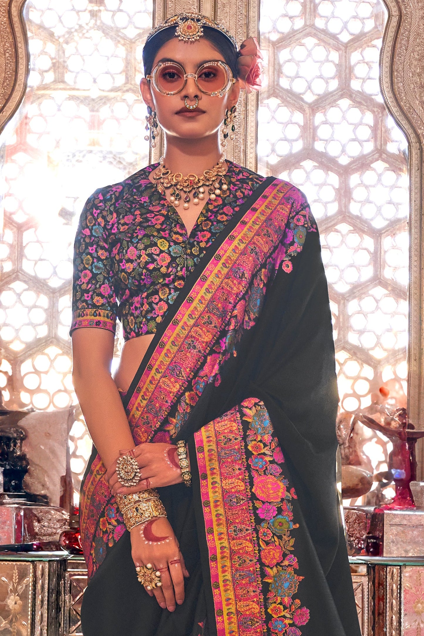 Black Printed Viscose Silk Saree-ZB133636_3_SareeButa.com