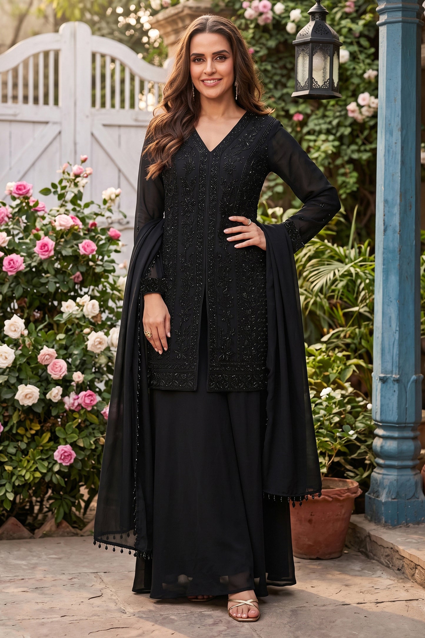 Black Readymade Bead Work Chinon Palazzo Suit-SAR12981_1_SareeButa.com