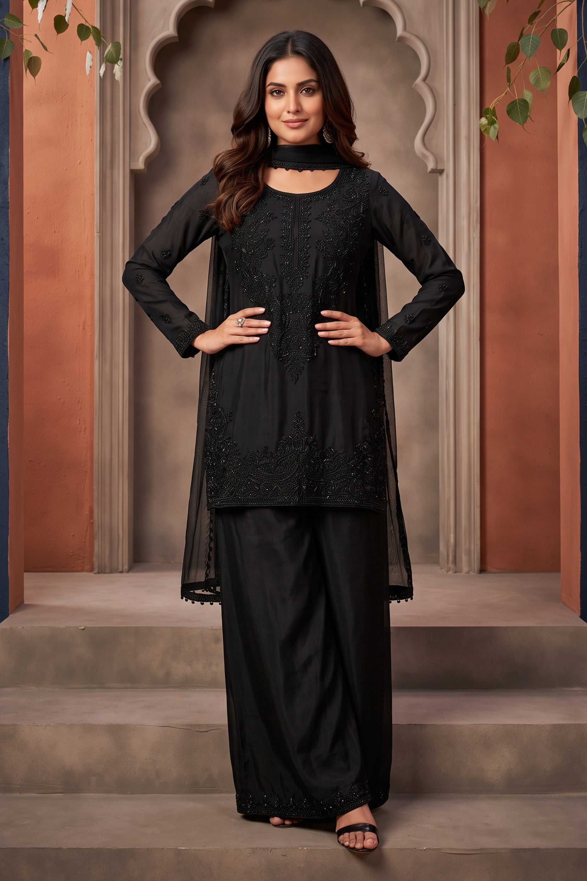 Black Readymade Bead Work Chinon Palazzo Suit-SAR13039_1_SareeButa.com