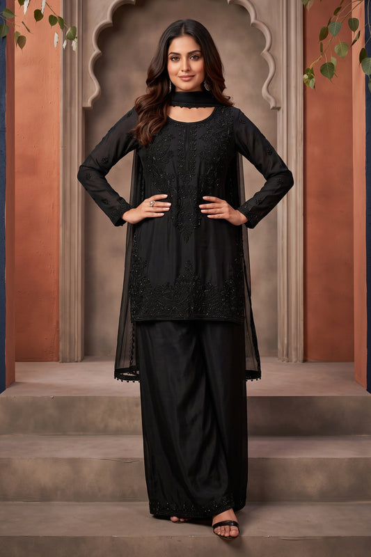Black Readymade Bead Work Chinon Palazzo Suit-SAR13039_1_SareeButa.com