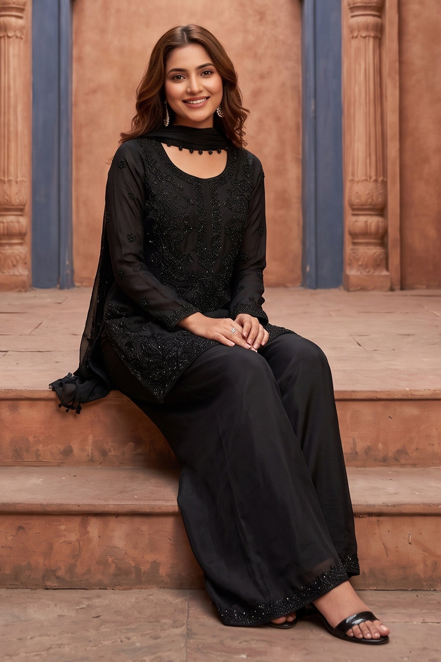 Black Readymade Bead Work Chinon Palazzo Suit-SAR13039_2_SareeButa.com