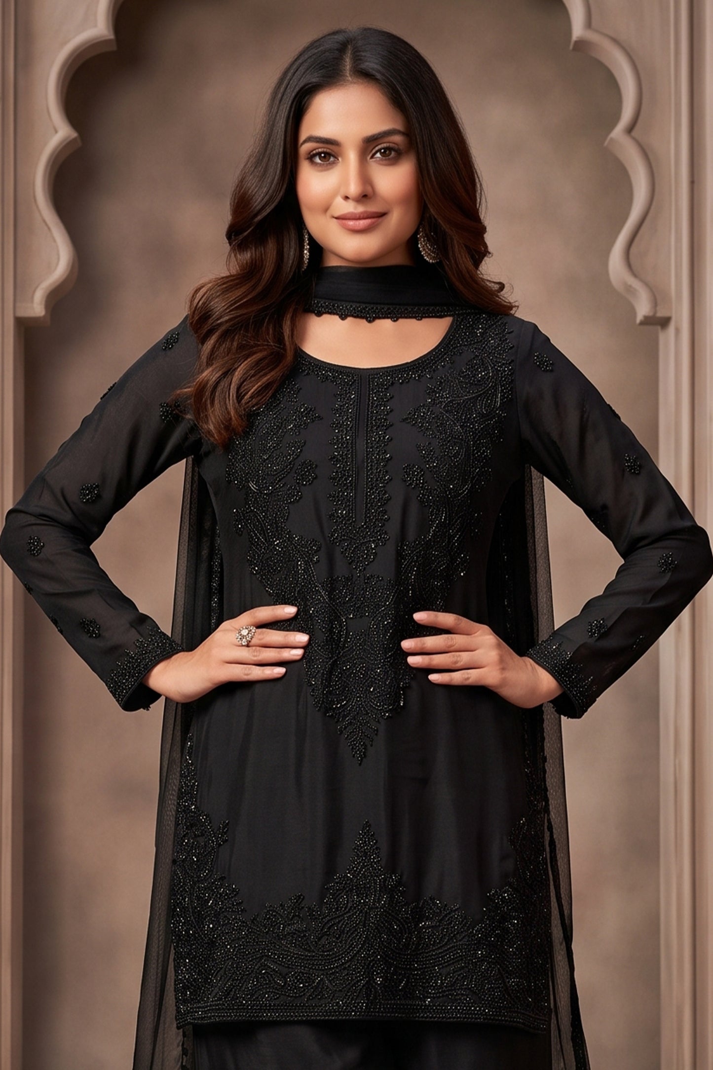 Black Readymade Bead Work Chinon Palazzo Suit-SAR13039_6_SareeButa.com