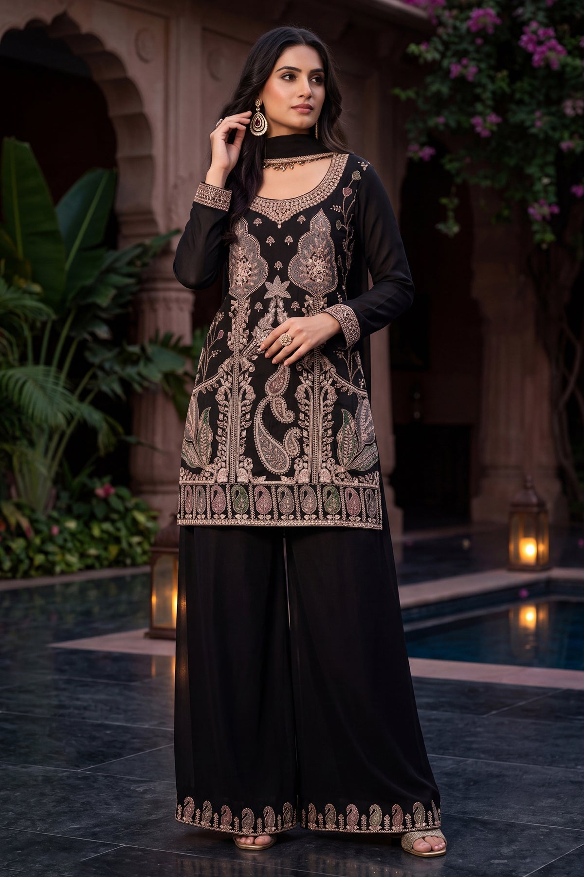 Black Readymade Bead Work Chinon Palazzo Suit-SAR13345_1_SareeButa.com
