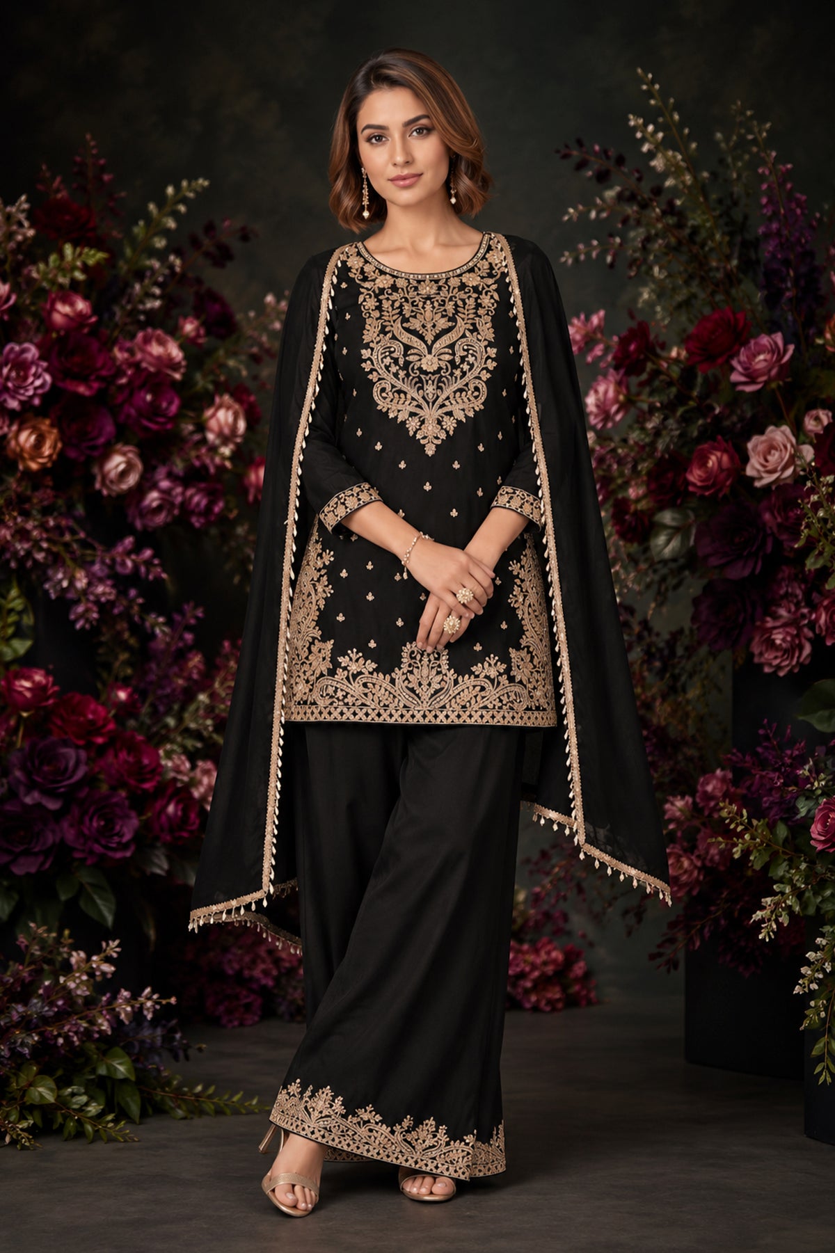 Black Readymade Bead Work Chinon Palazzo Suit-SAR13562_1_SareeButa.com