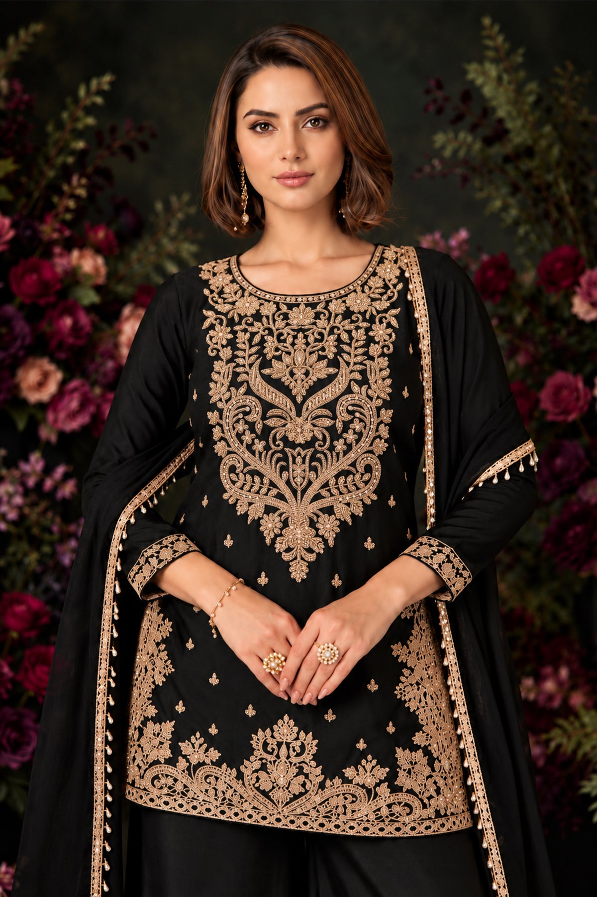 Black Readymade Bead Work Chinon Palazzo Suit-SAR13562_2_SareeButa.com