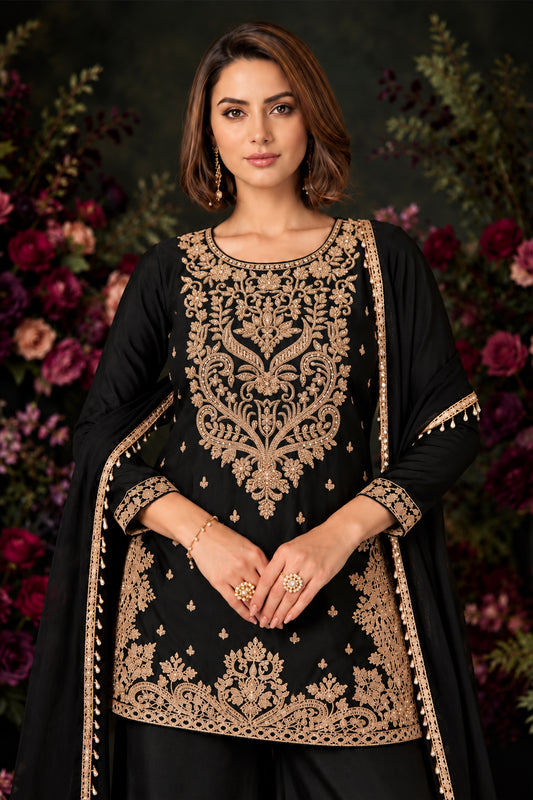 Black Readymade Bead Work Chinon Palazzo Suit-SAR13562_2_SareeButa.com