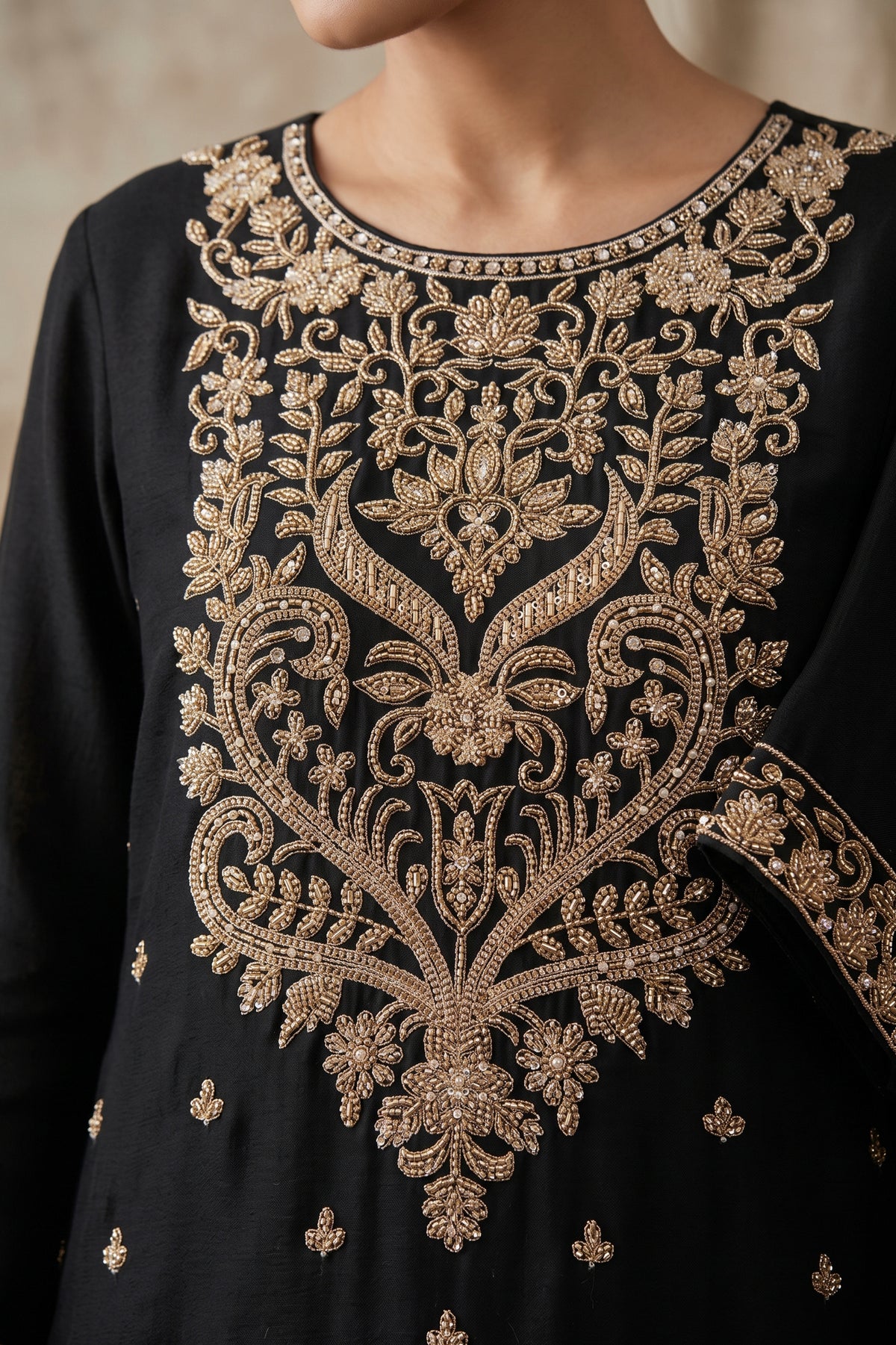 Black Readymade Bead Work Chinon Palazzo Suit-SAR13562_3_SareeButa.com