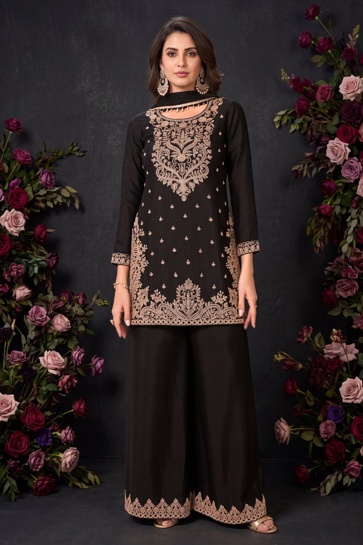 Black Readymade Bead Work Chinon Palazzo Suit-SAR13562_4_SareeButa.com