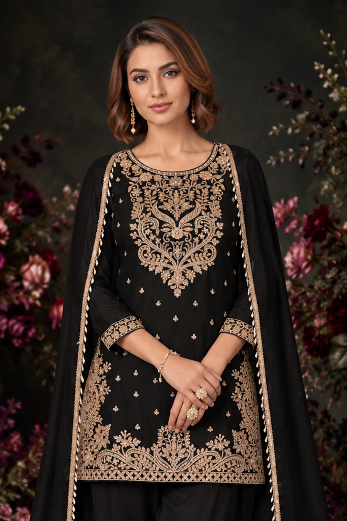 Black Readymade Bead Work Chinon Palazzo Suit-SAR13562_5_SareeButa.com