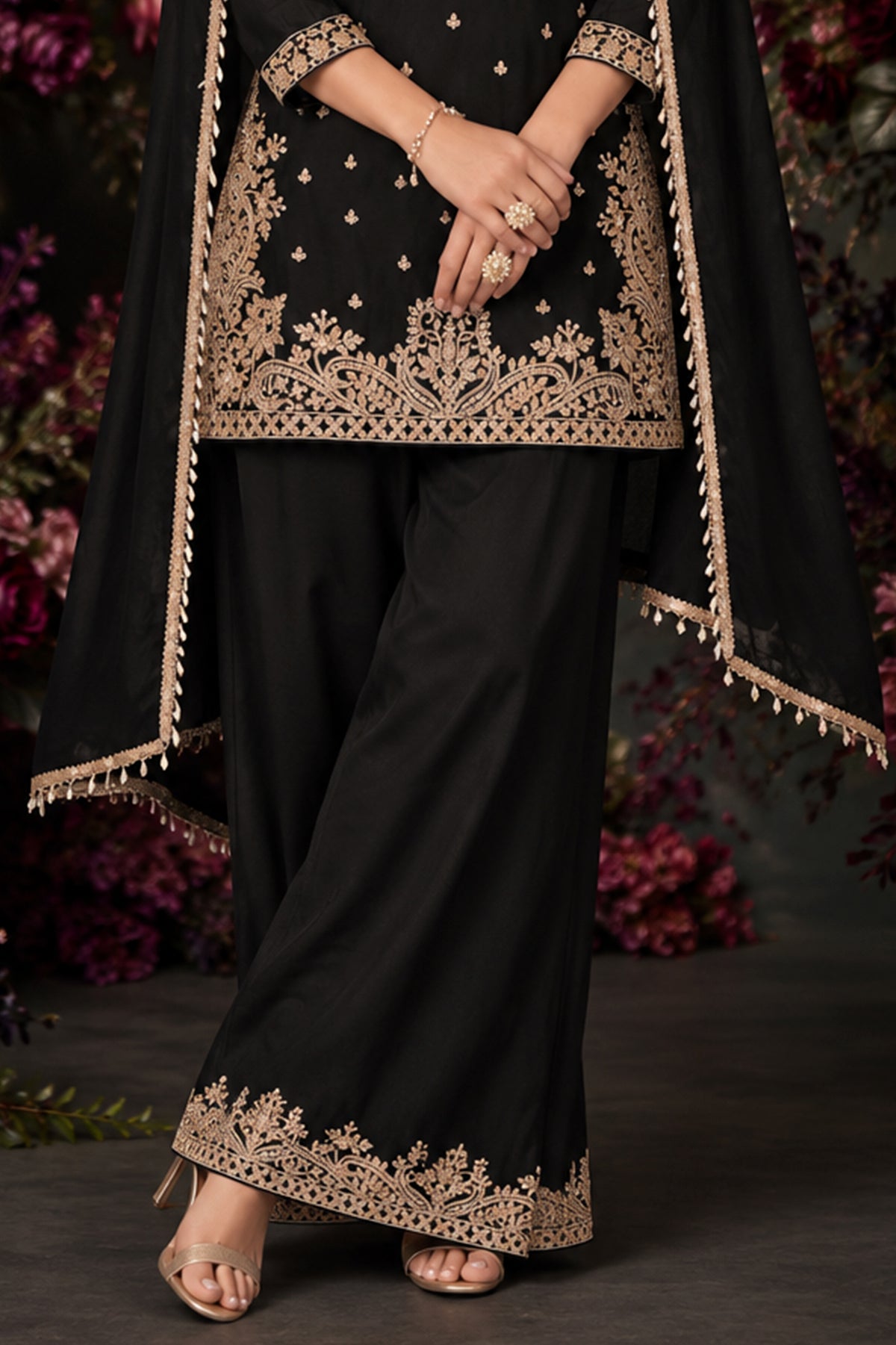 Black Readymade Bead Work Chinon Palazzo Suit-SAR13562_6_SareeButa.com