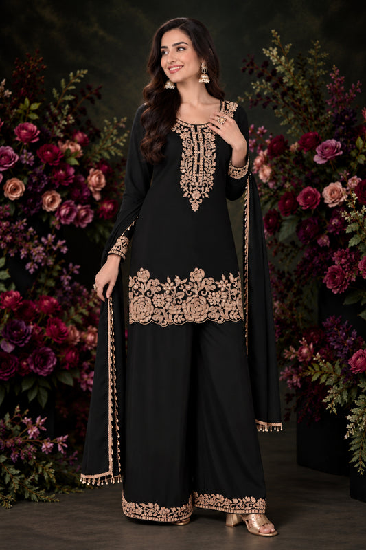 Black Readymade Bead Work Chinon Palazzo Suit-SAR13563_1_SareeButa.com
