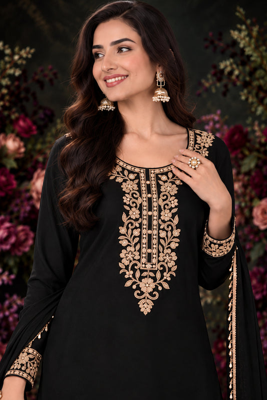 Black Readymade Bead Work Chinon Palazzo Suit-SAR13563_2_SareeButa.com