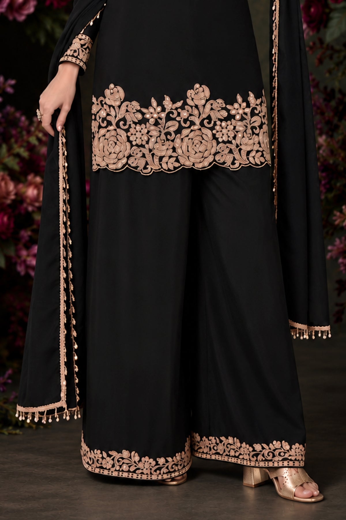 Black Readymade Bead Work Chinon Palazzo Suit-SAR13563_6_SareeButa.com