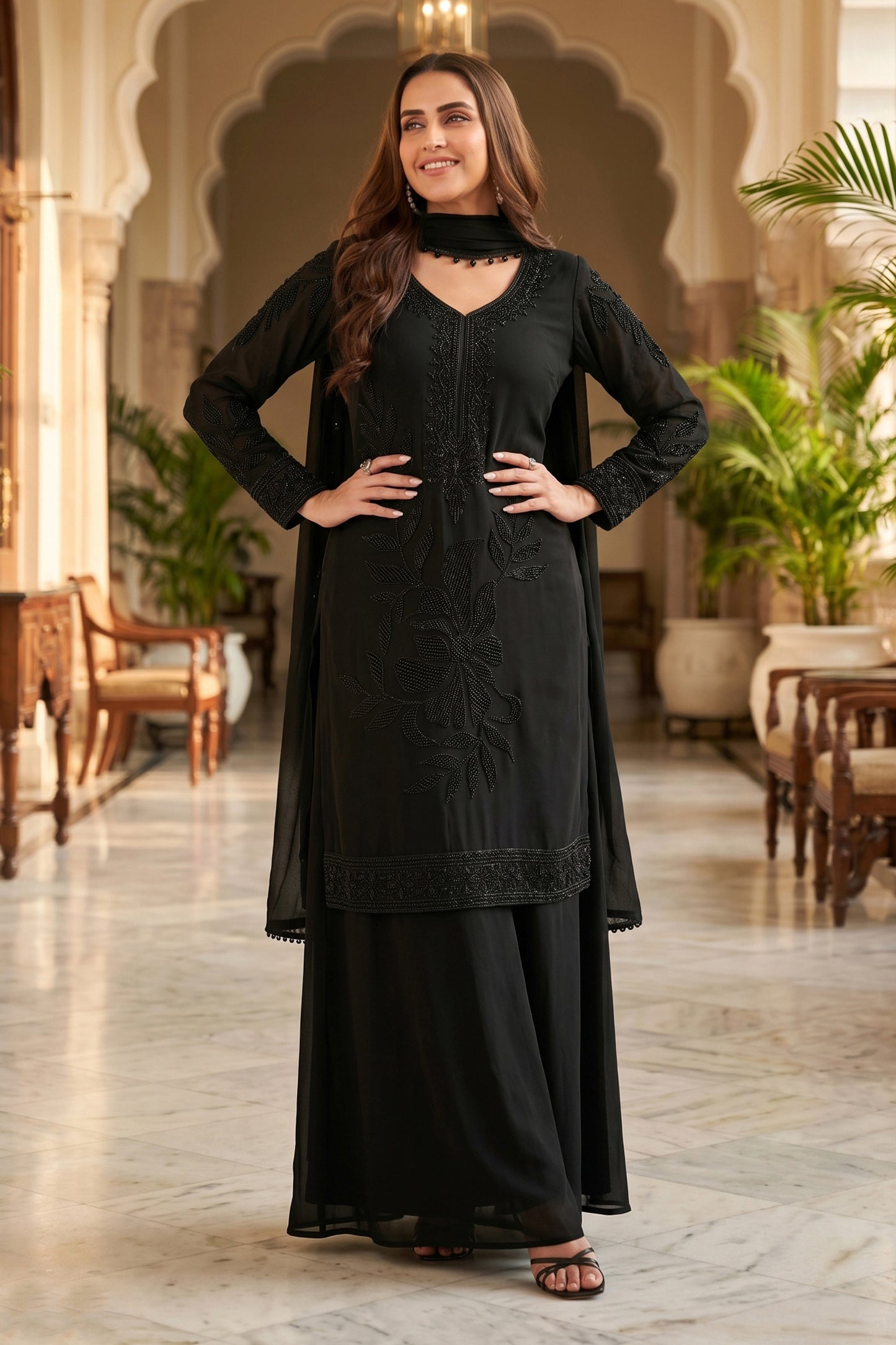 Black Readymade Bead Work Chinon Suit-SAR13003_1_SareeButa.com