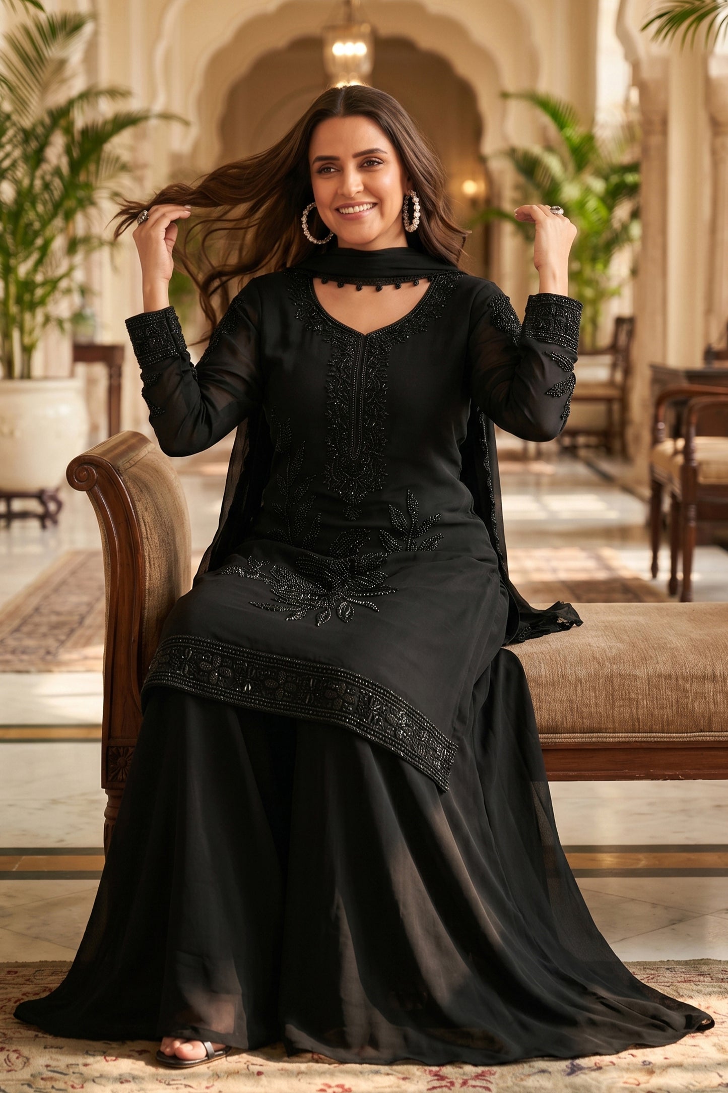 Black Readymade Bead Work Chinon Suit-SAR13003_2_SareeButa.com
