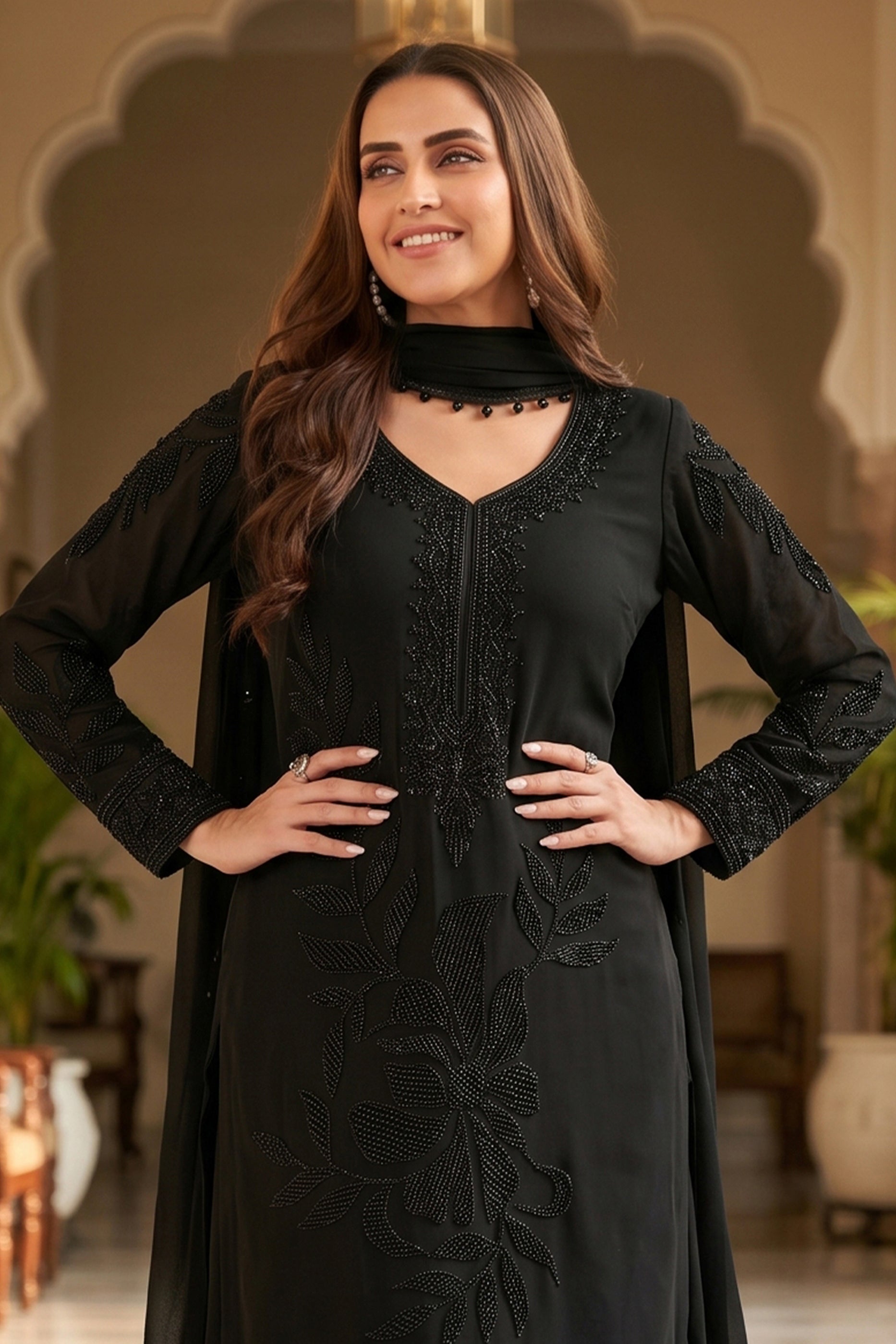 Black Readymade Bead Work Chinon Suit-SAR13003_7_SareeButa.com