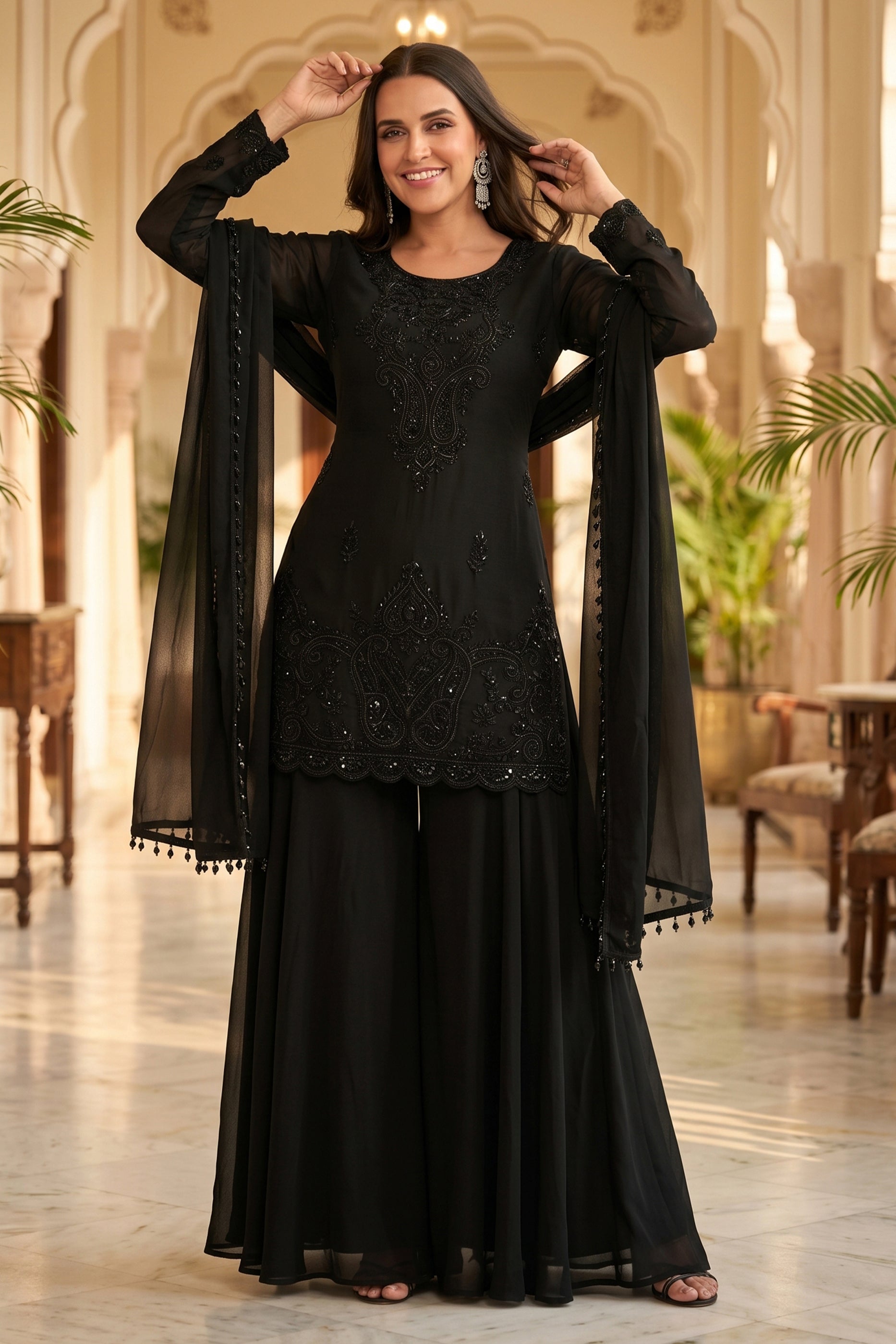Black Readymade Bead Work Chinon Suit-SAR13004_1_SareeButa.com