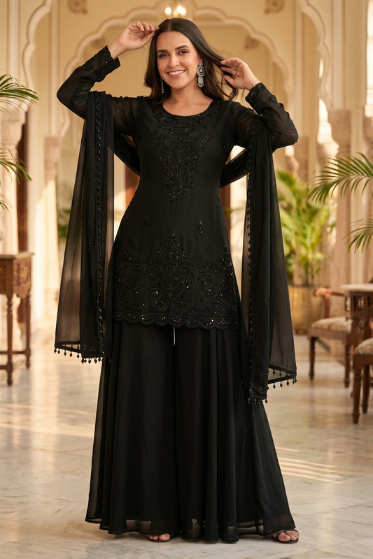 Black Readymade Bead Work Chinon Suit-SAR13004_1_SareeButa.com