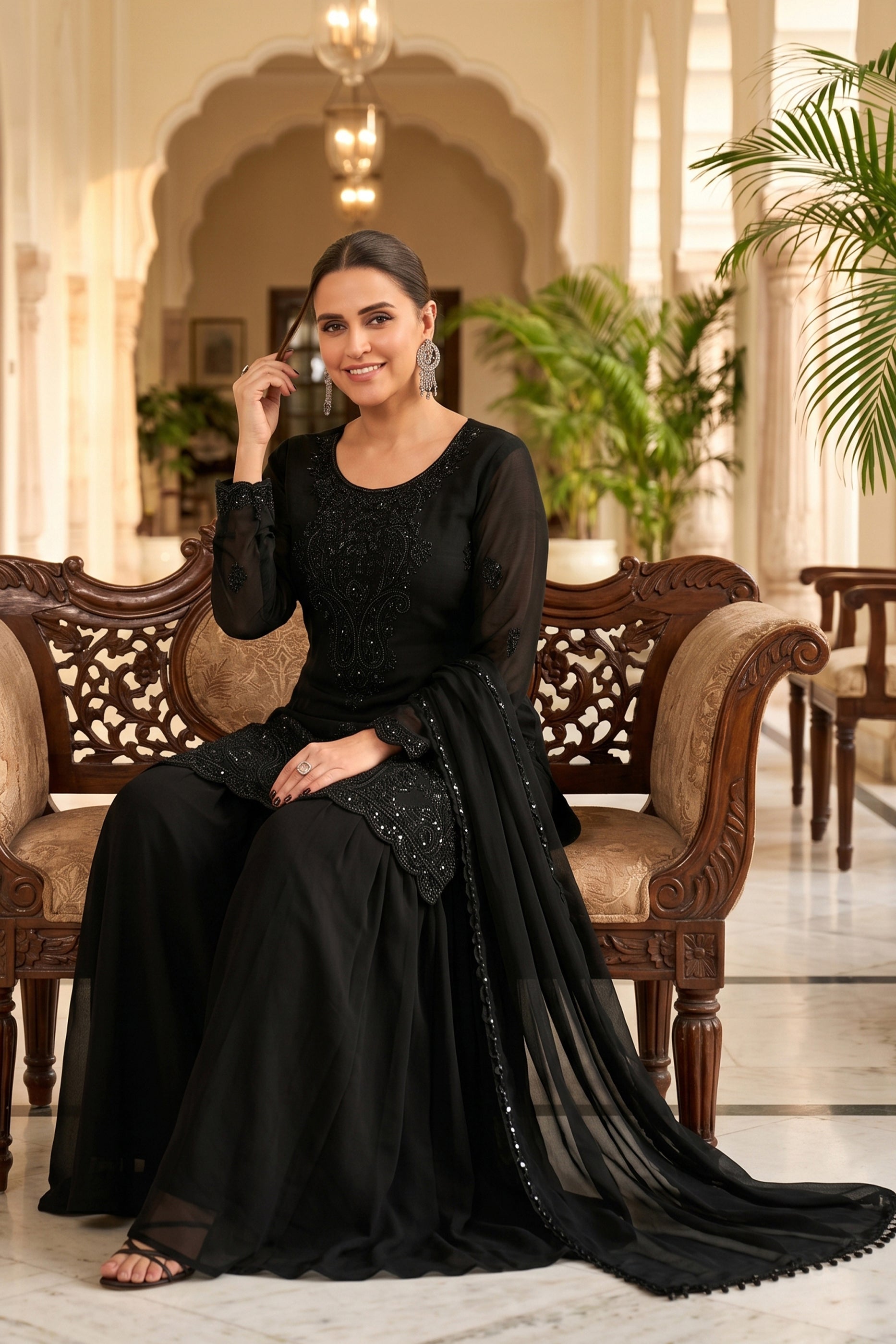 Black Readymade Bead Work Chinon Suit-SAR13004_2_SareeButa.com