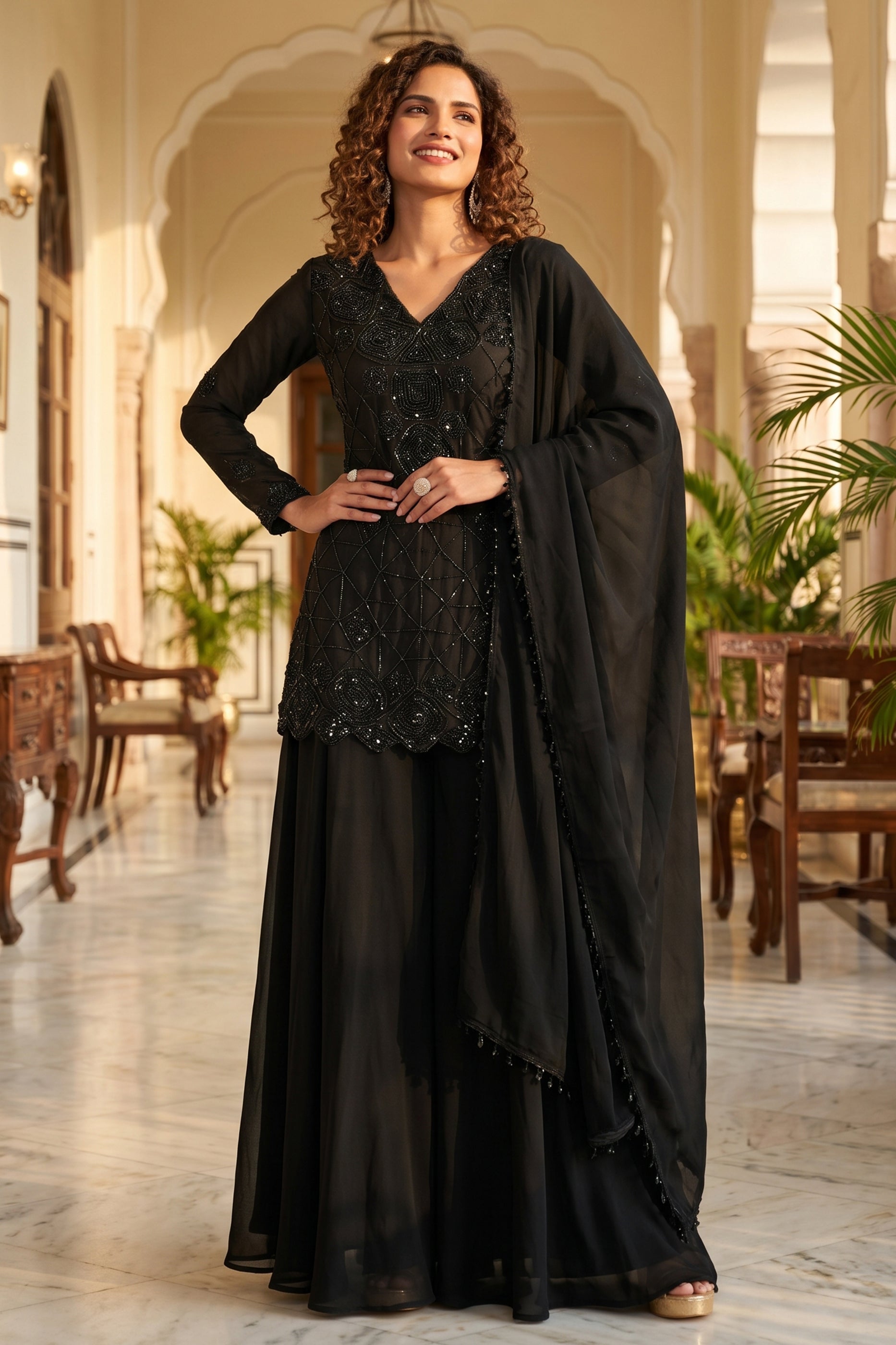 Black Readymade Bead Work Chinon Suit-SAR13009_1_SareeButa.com