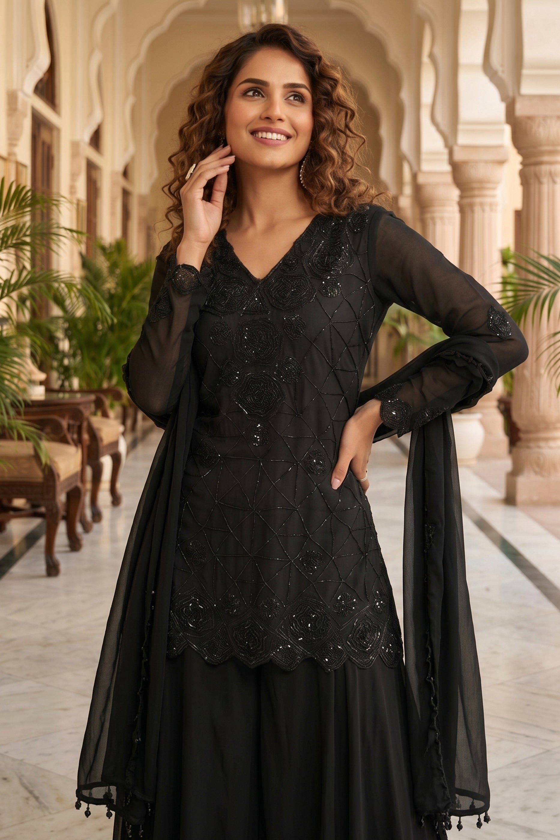 Black Readymade Bead Work Chinon Suit-SAR13009_2_SareeButa.com