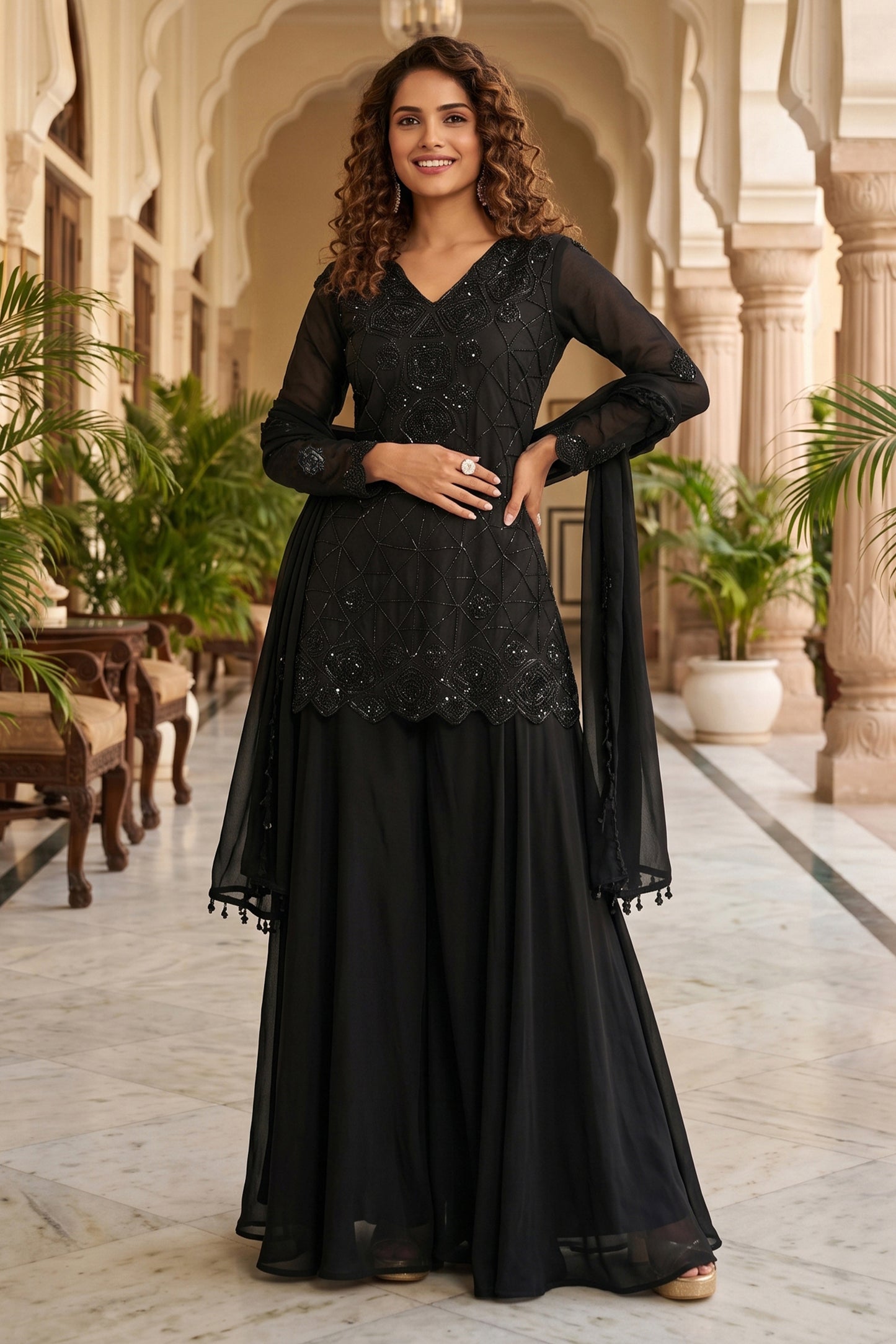 Black Readymade Bead Work Chinon Suit-SAR13009_6_SareeButa.com