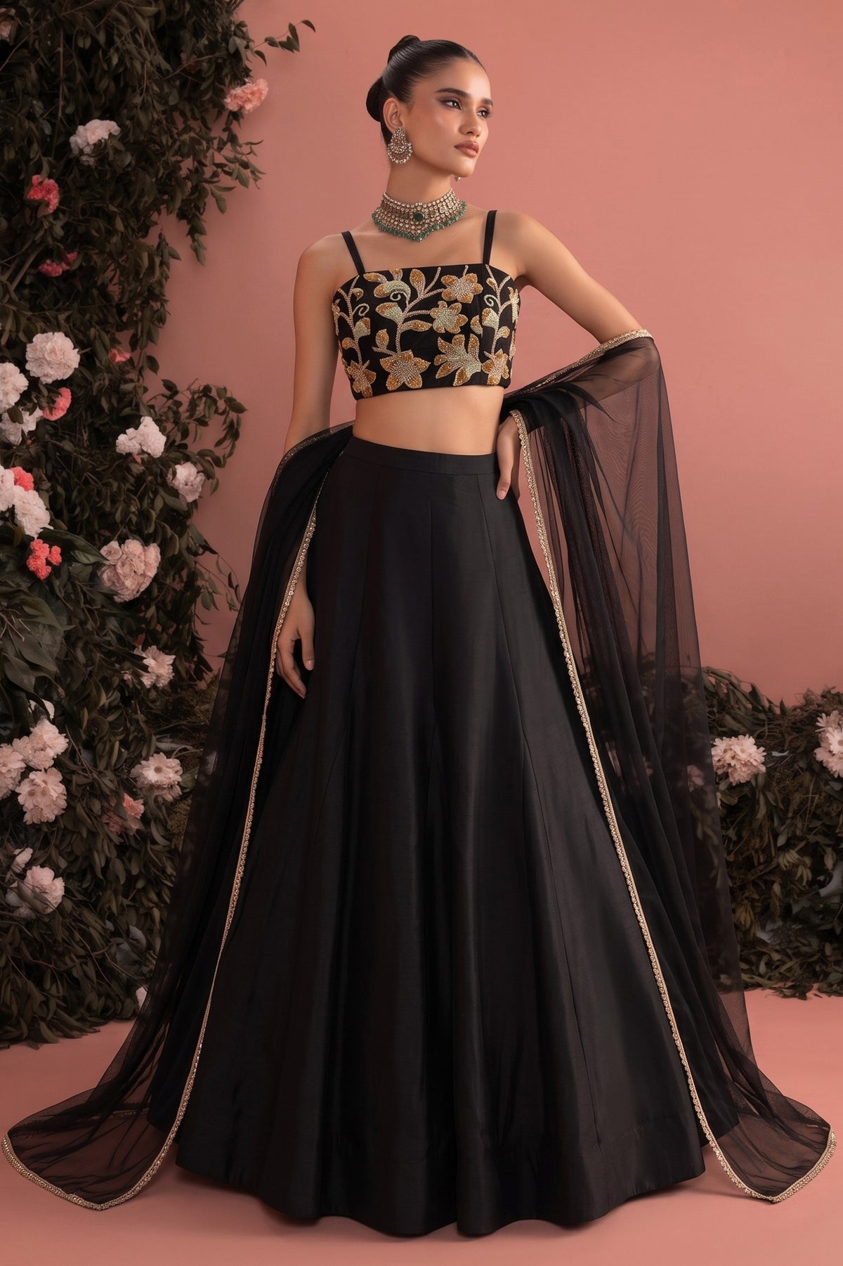 Black Readymade Bead Work Silk Lehenga-SAR13222_1_SareeButa.com