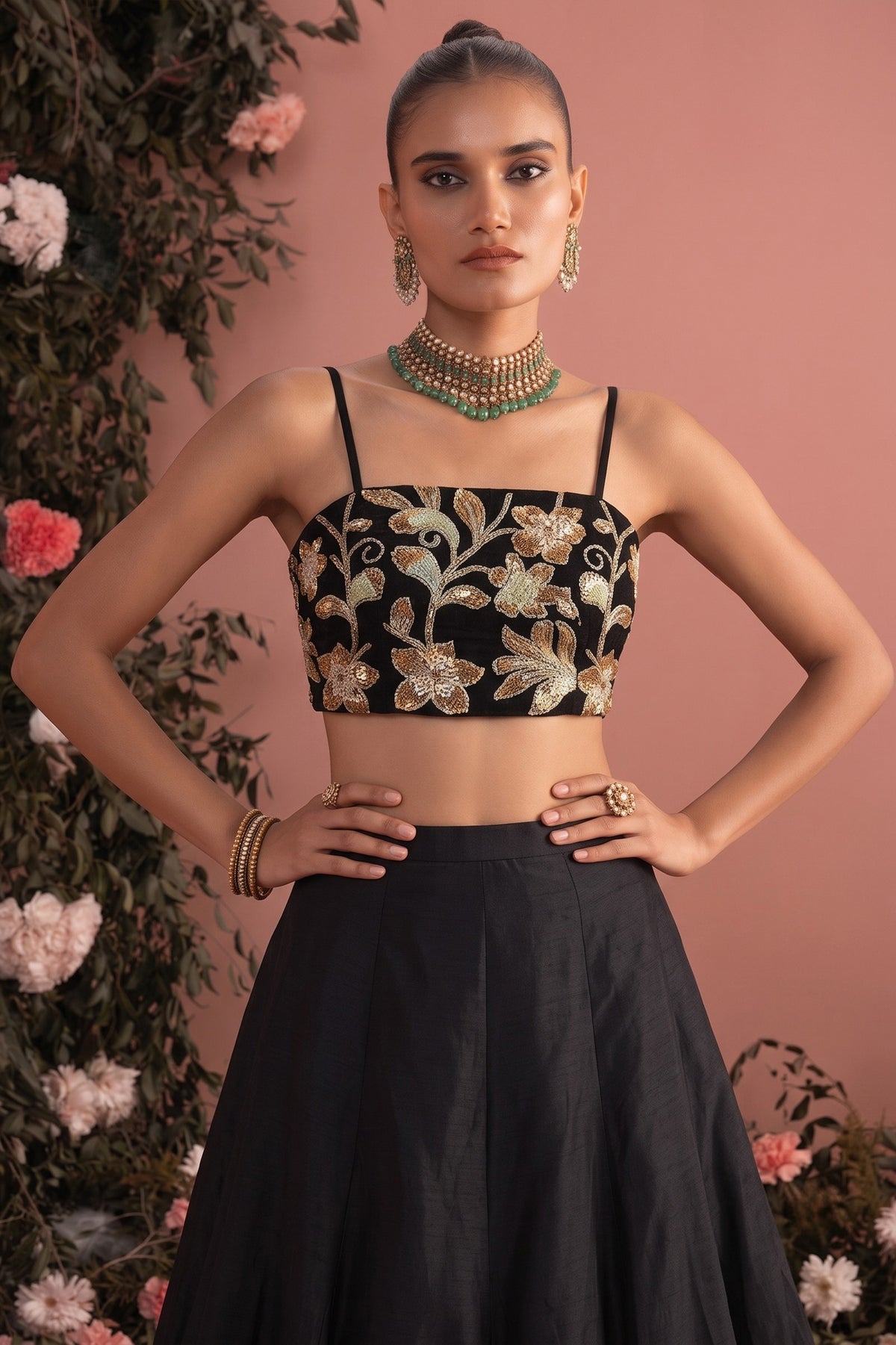 Black Readymade Bead Work Silk Lehenga-SAR13222_2_SareeButa.com